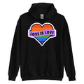 Love Is Love pride hoodie, black, front view 2 — Rose Gold Co