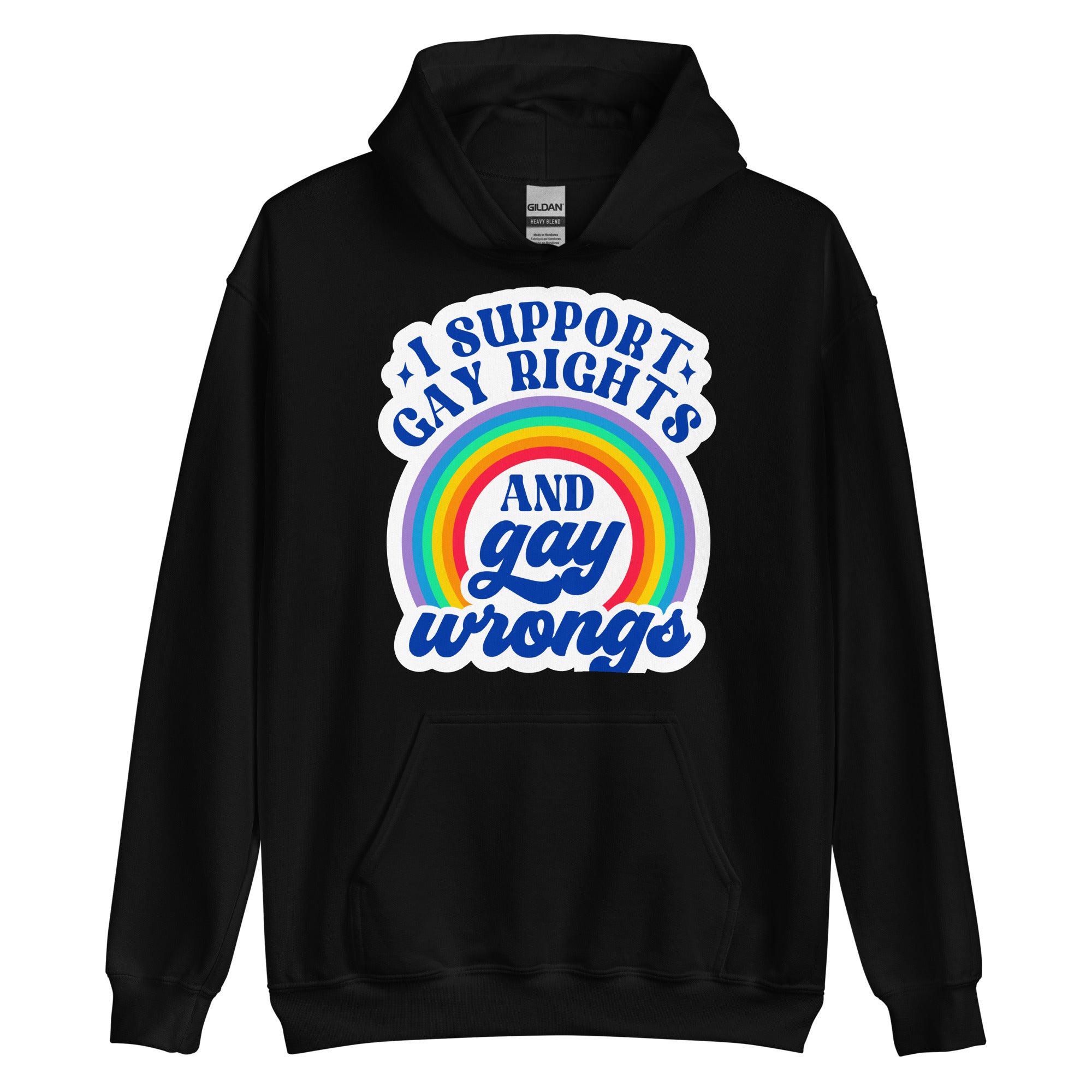 I Support Gay Rights and Gay Wrongs pride hoodie, black, front view 2 — Rose Gold Co
