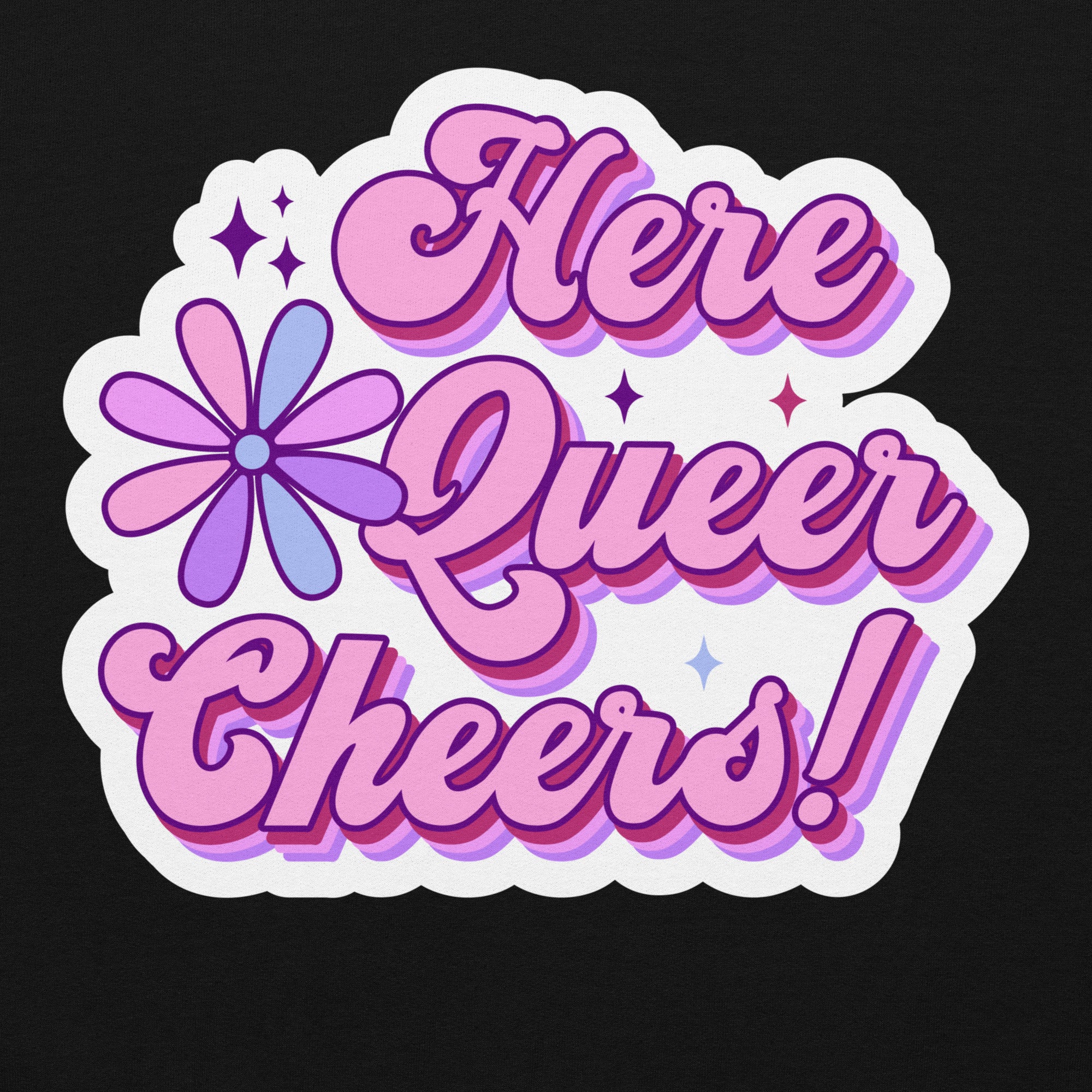 Here Queer Cheers pride hoodie, black, front view — Rose Gold Co