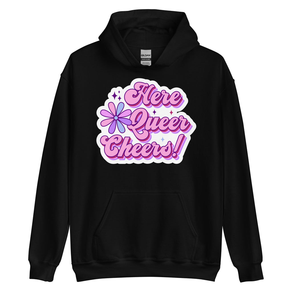 Here Queer Cheers pride hoodie, black, front view 2 — Rose Gold Co