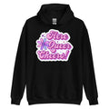 Here Queer Cheers pride hoodie, black, front view 2 — Rose Gold Co