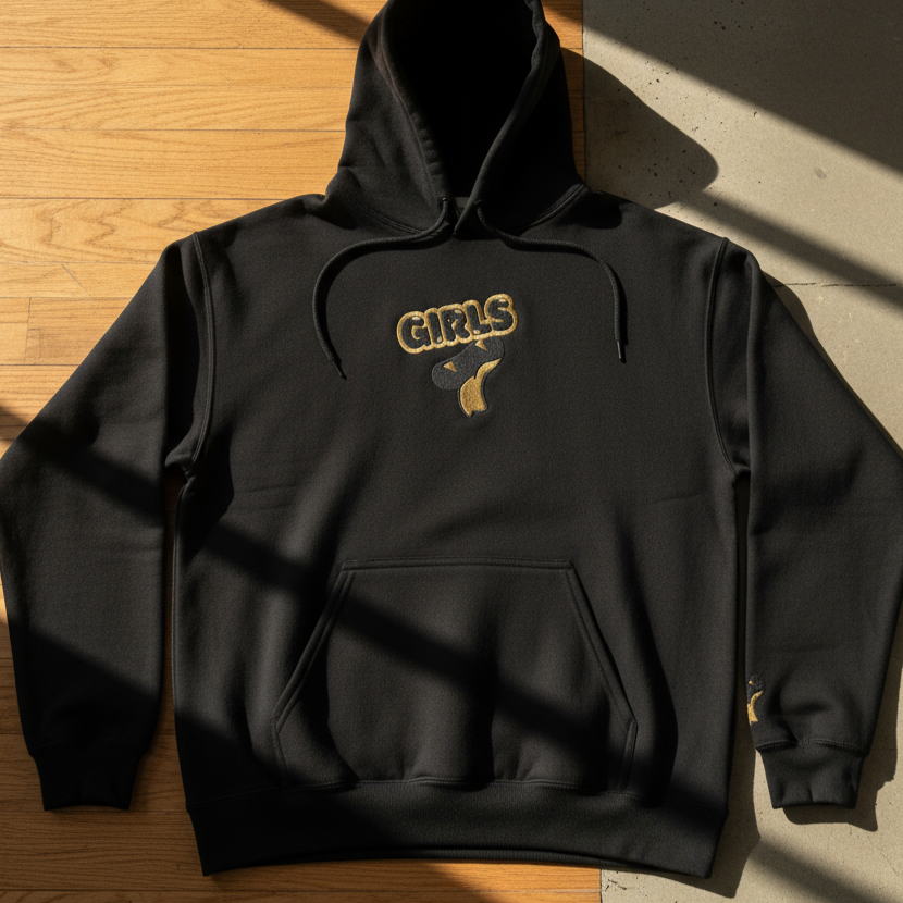 Black hoodie with 'GIRLS' text on a wooden floor