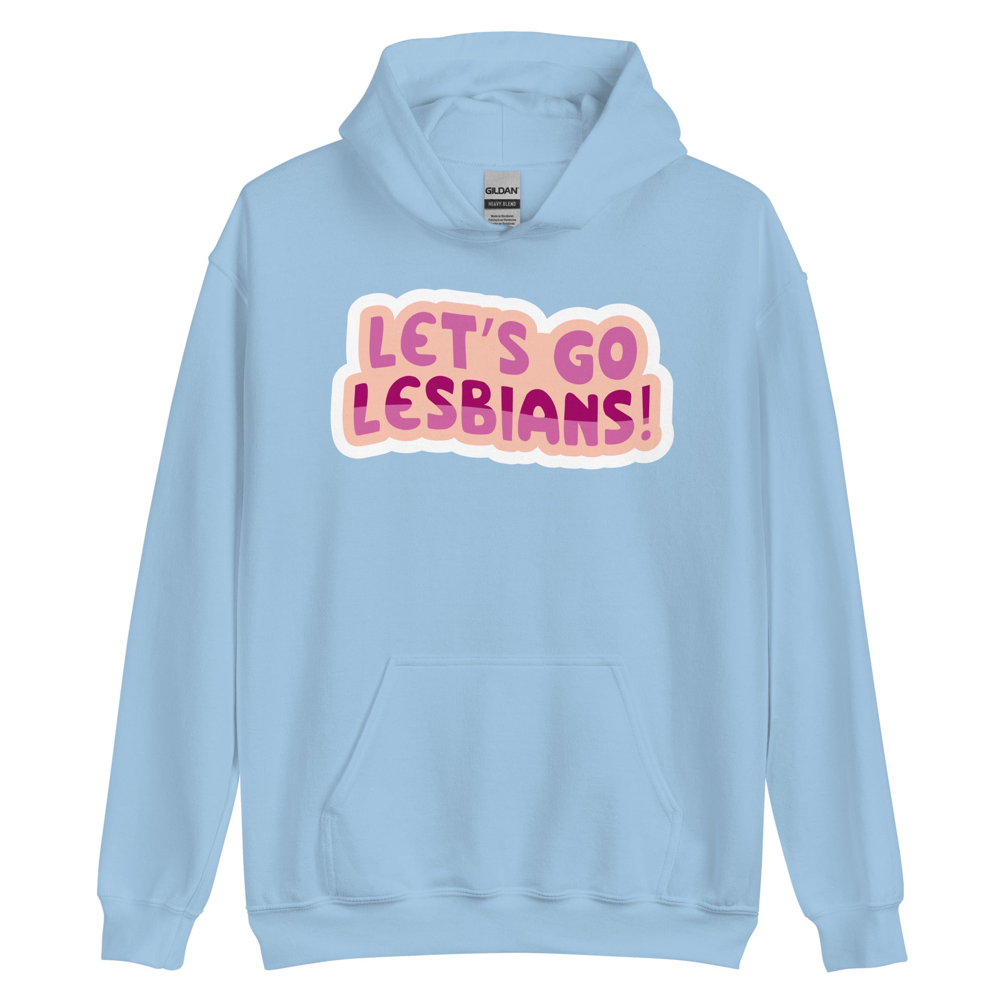 Let's Go Lesbians pride hoodie, light blue, front view — Rose Gold Co