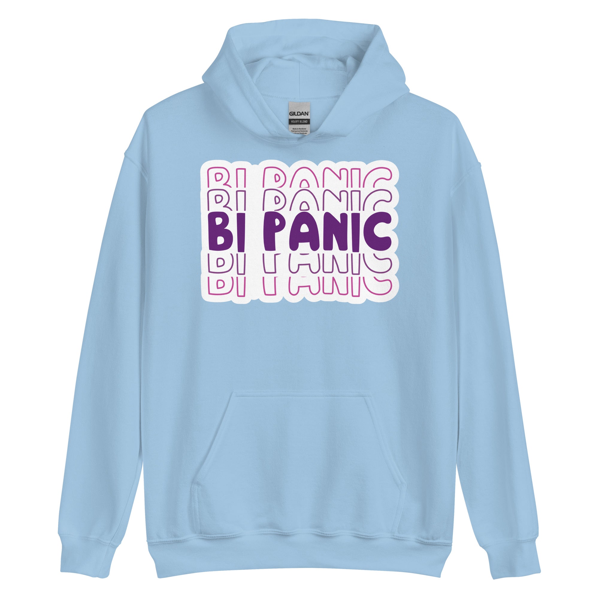 Bi Panic pride hoodie, light blue, front view — Rose Gold Co