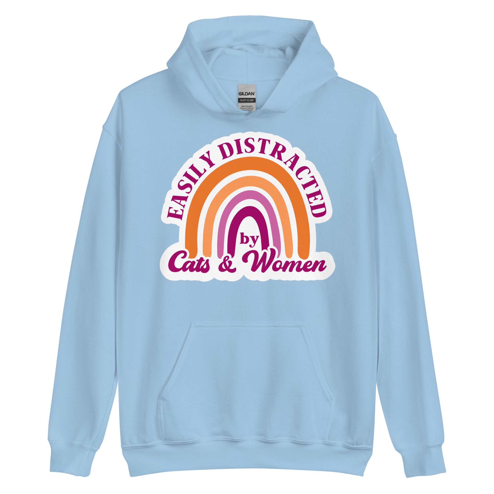 Easily Distracted by Cats & Women pride hoodie, light blue, front view — Rose Gold Co