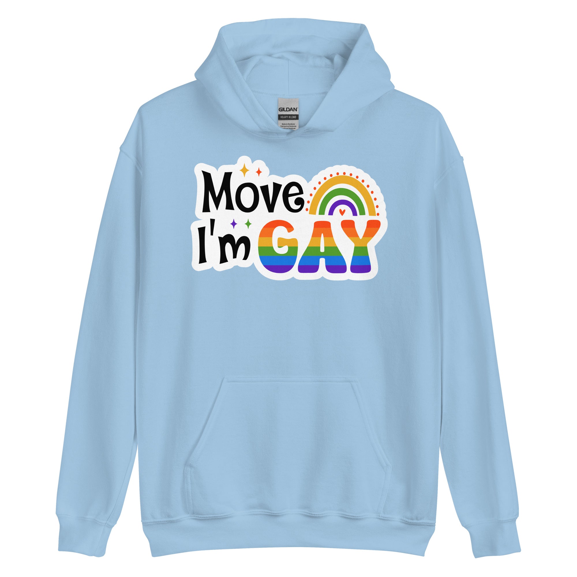 Move I'm Gay pride hoodie, light blue, front view — Rose Gold Co
