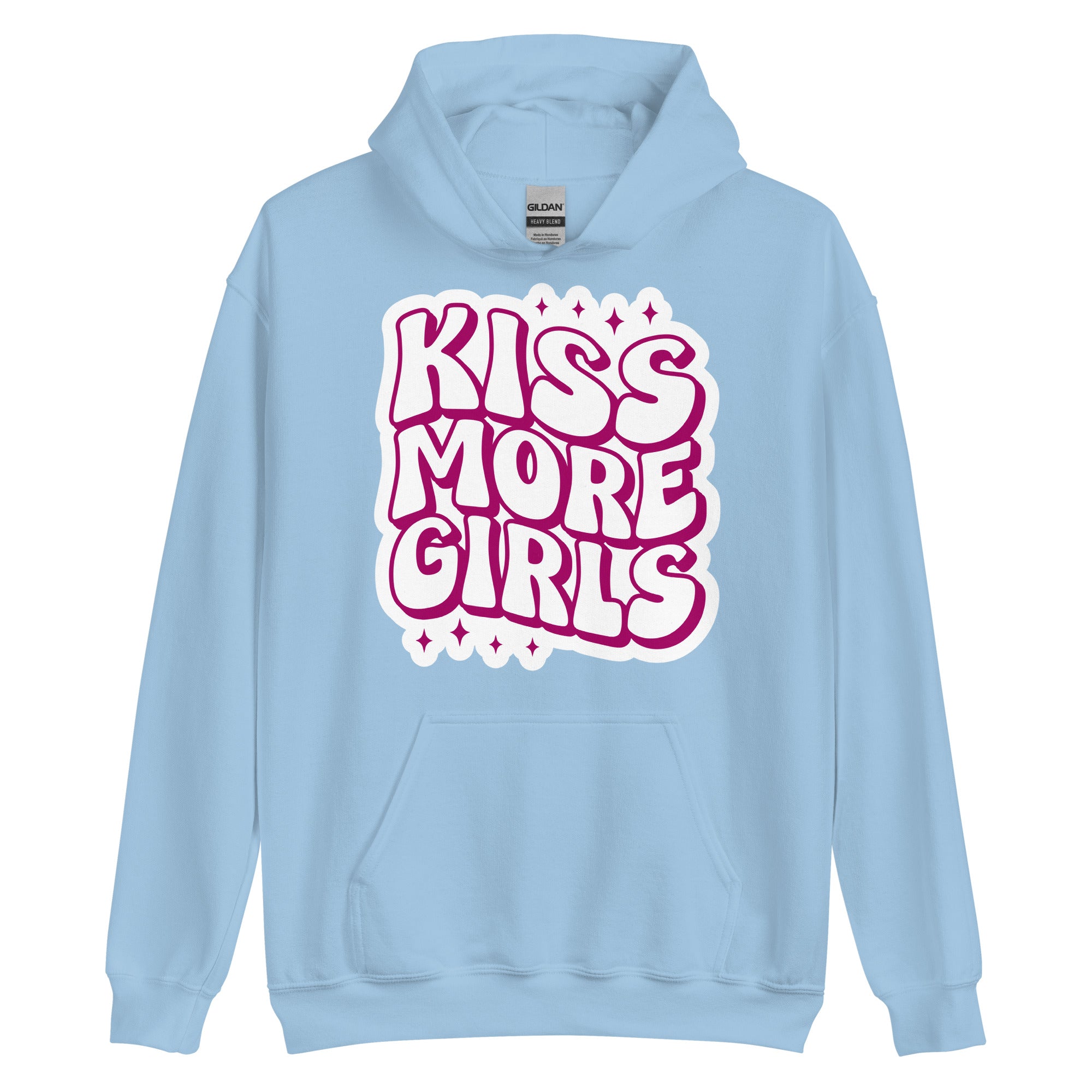 Kiss More Girls pride hoodie, light blue, front view — Rose Gold Co