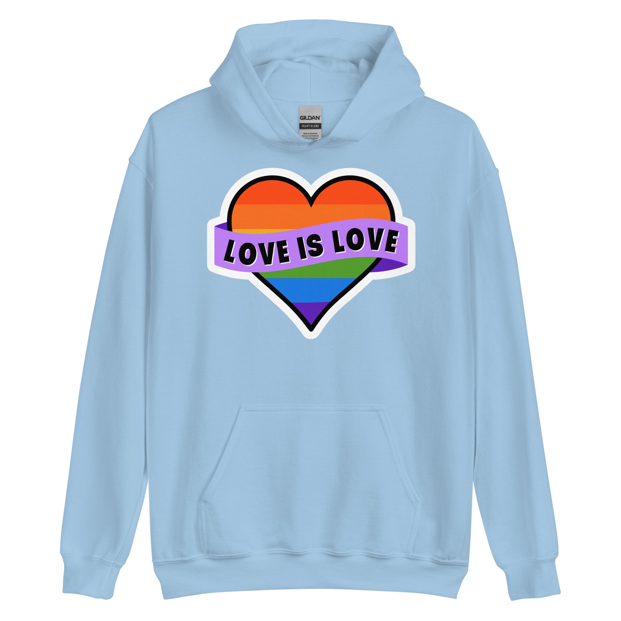Love Is Love pride hoodie, light blue, front view — Rose Gold Co