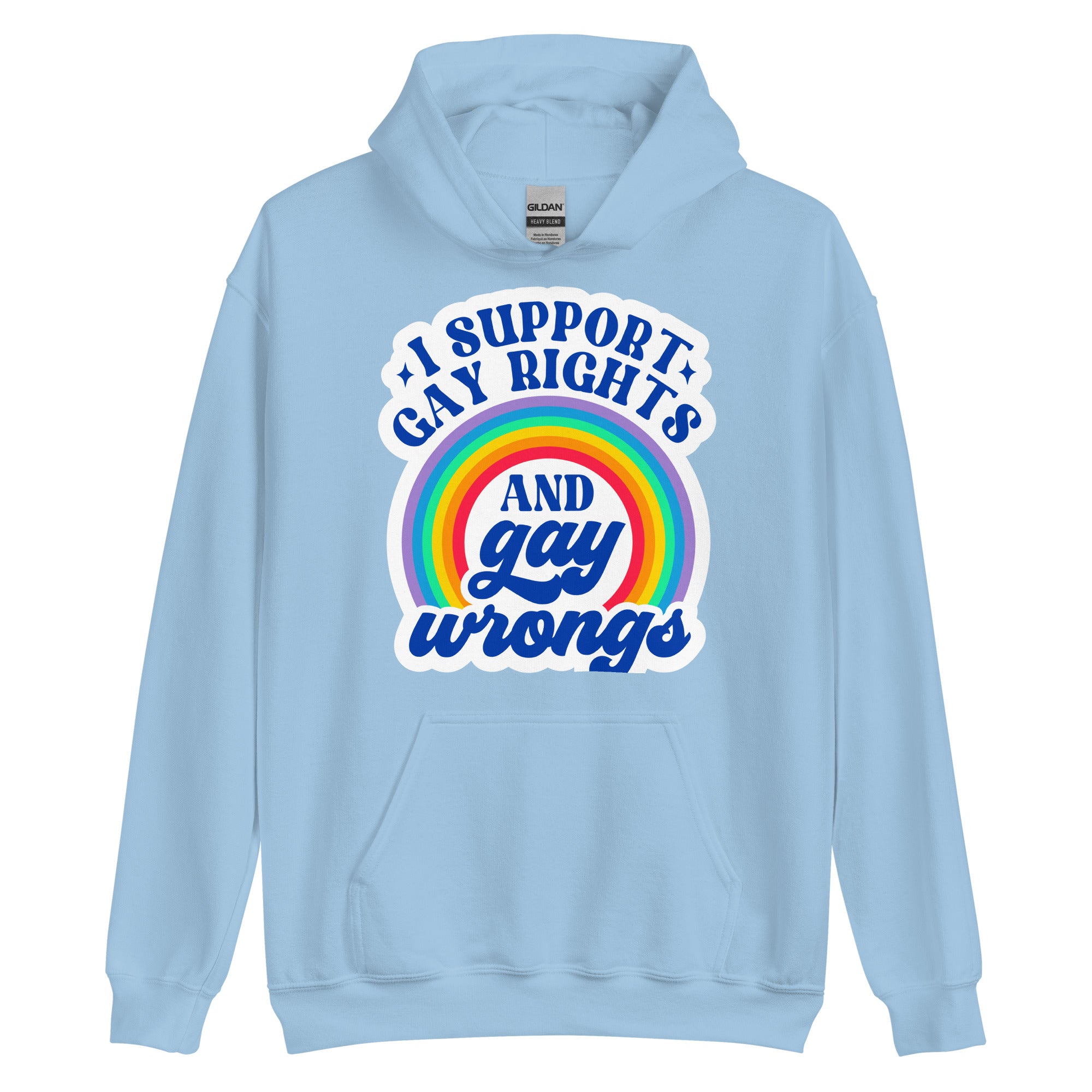 I Support Gay Rights and Gay Wrongs pride hoodie, light blue, front view 2 — Rose Gold Co