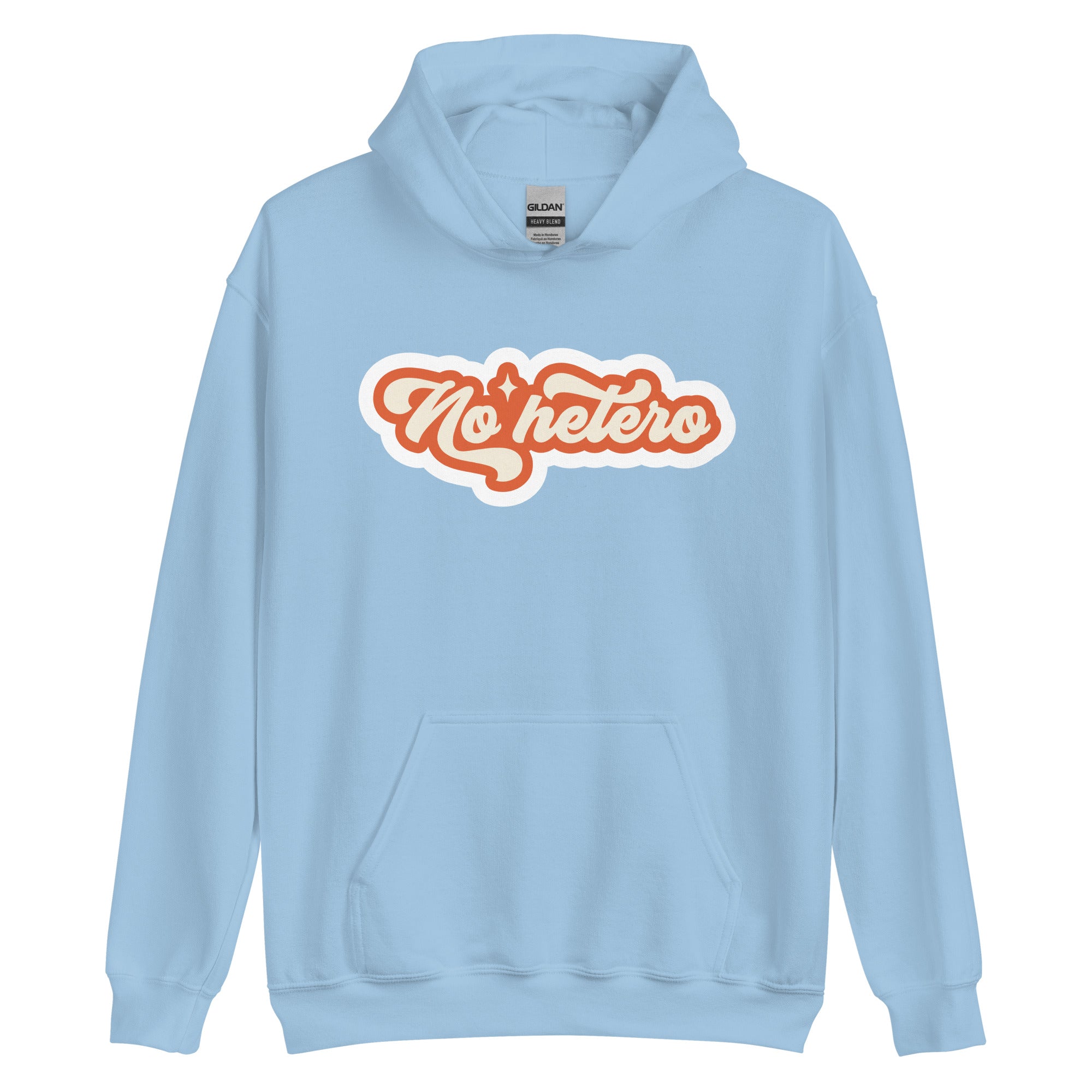 No Hetero pride hoodie, light blue, front view — Rose Gold Co