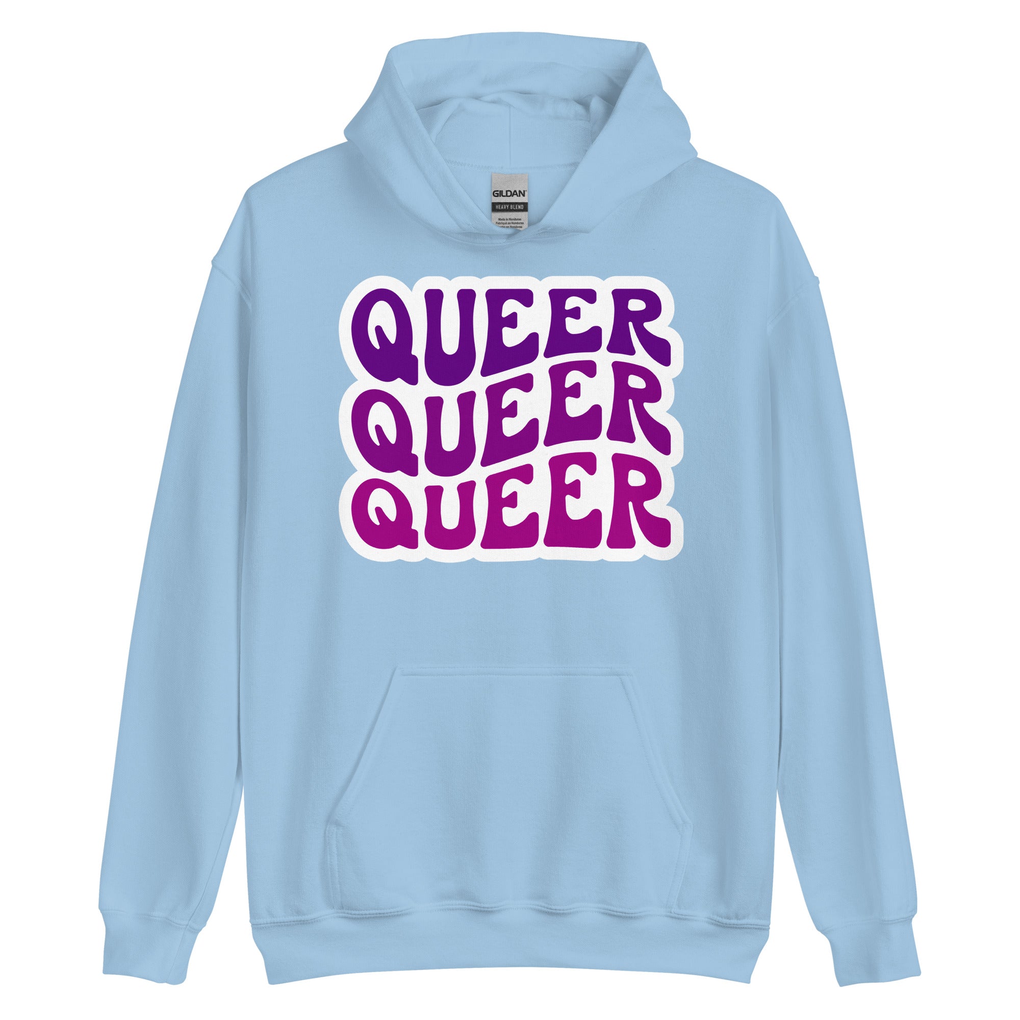 Queer pride hoodie, light blue, front view — Rose Gold Co