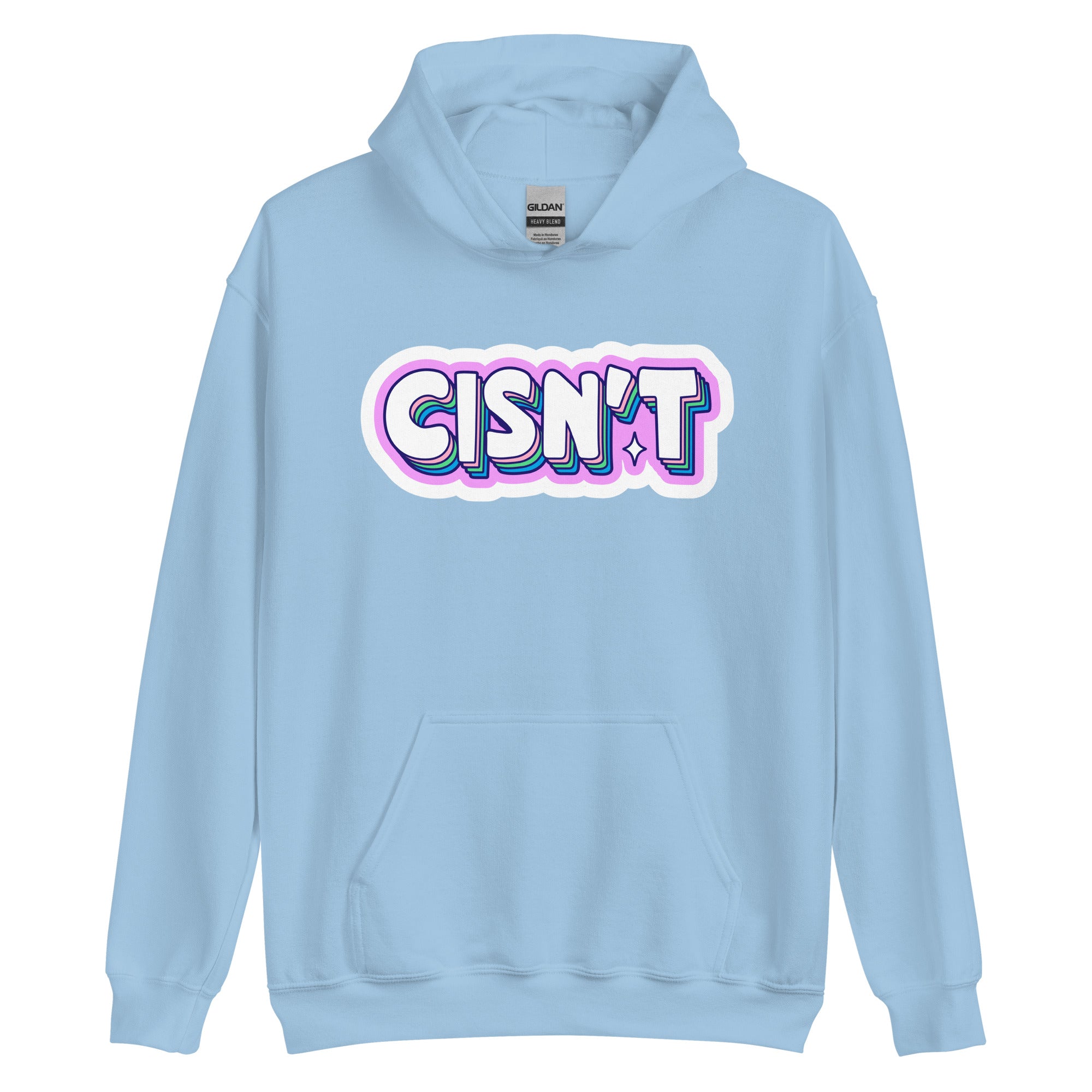 Cisn't pride hoodie, light blue, front view — Rose Gold Co
