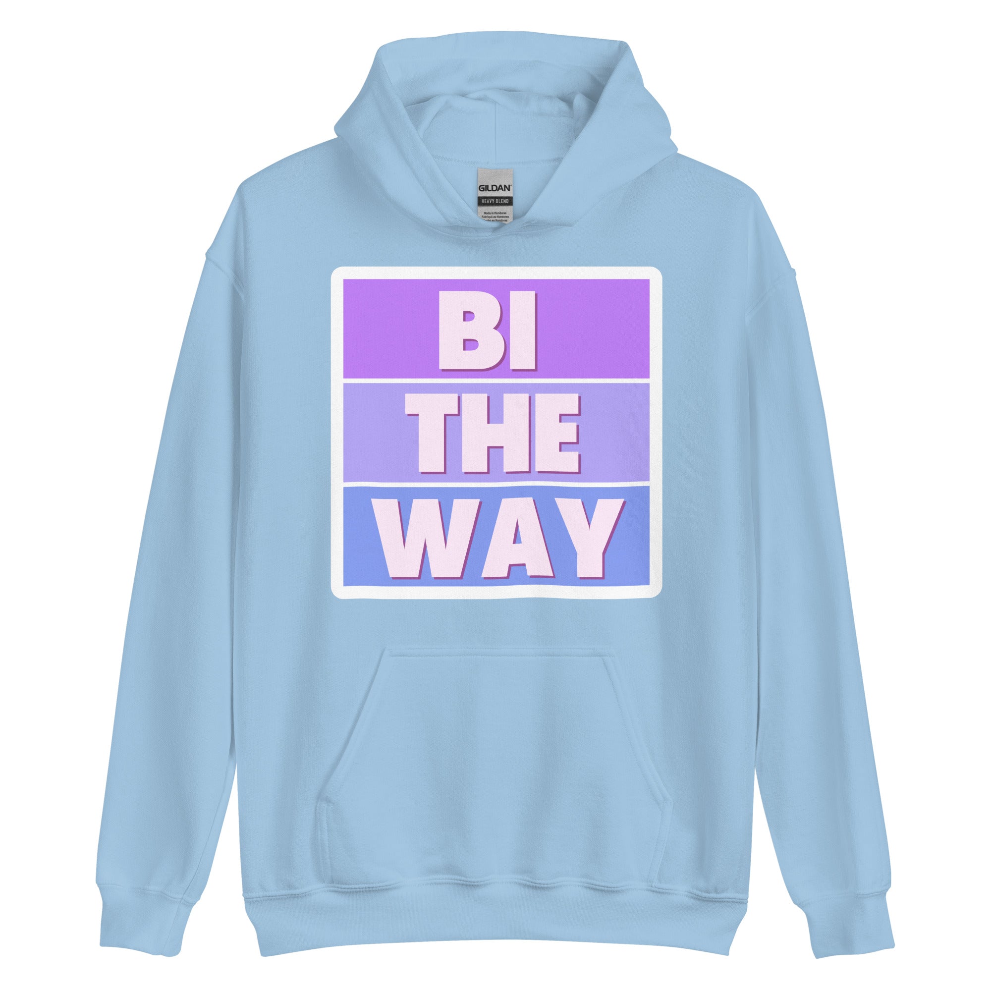 Bi the Way pride hoodie, light blue, front view — Rose Gold Co