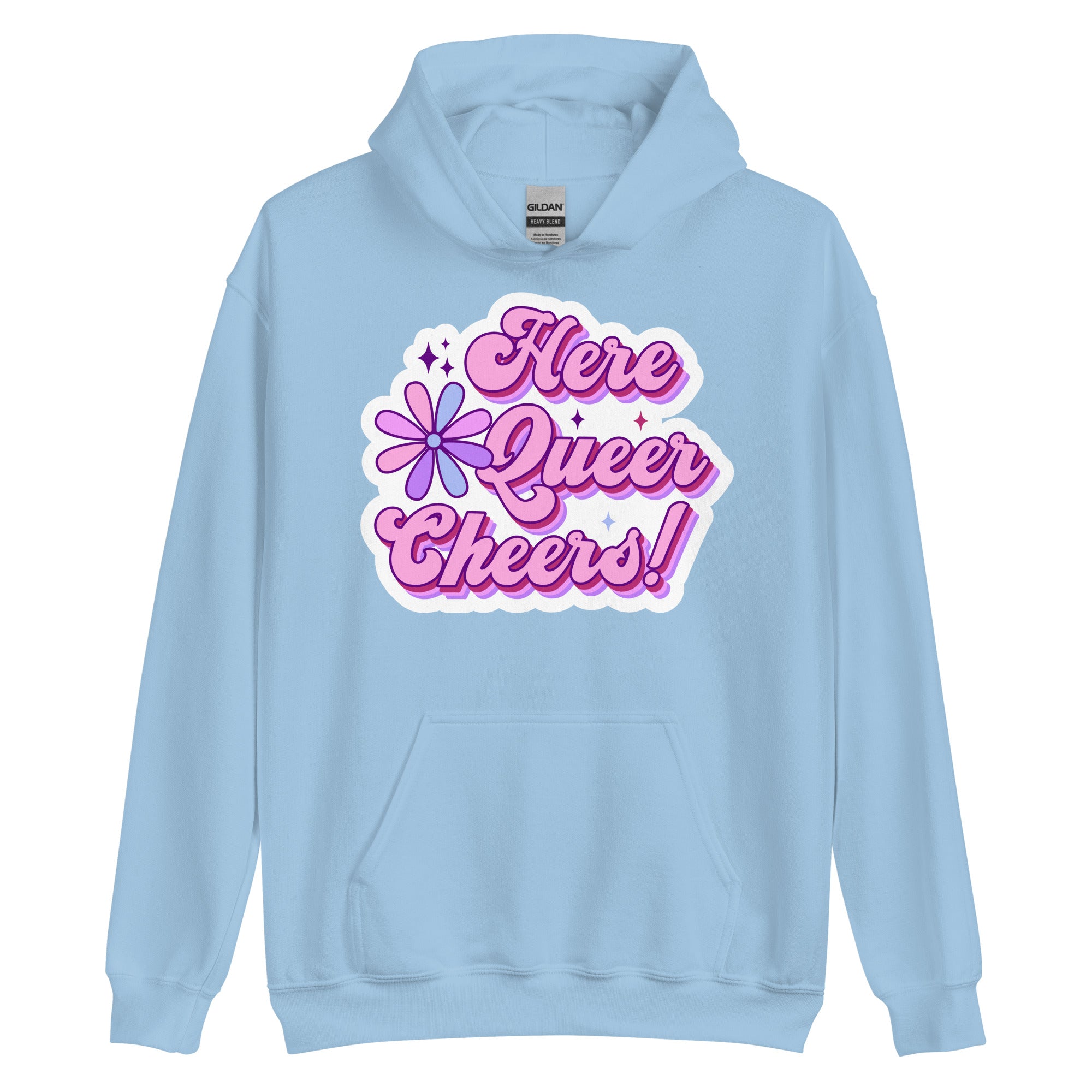 Here Queer Cheers pride hoodie, light blue, front view — Rose Gold Co