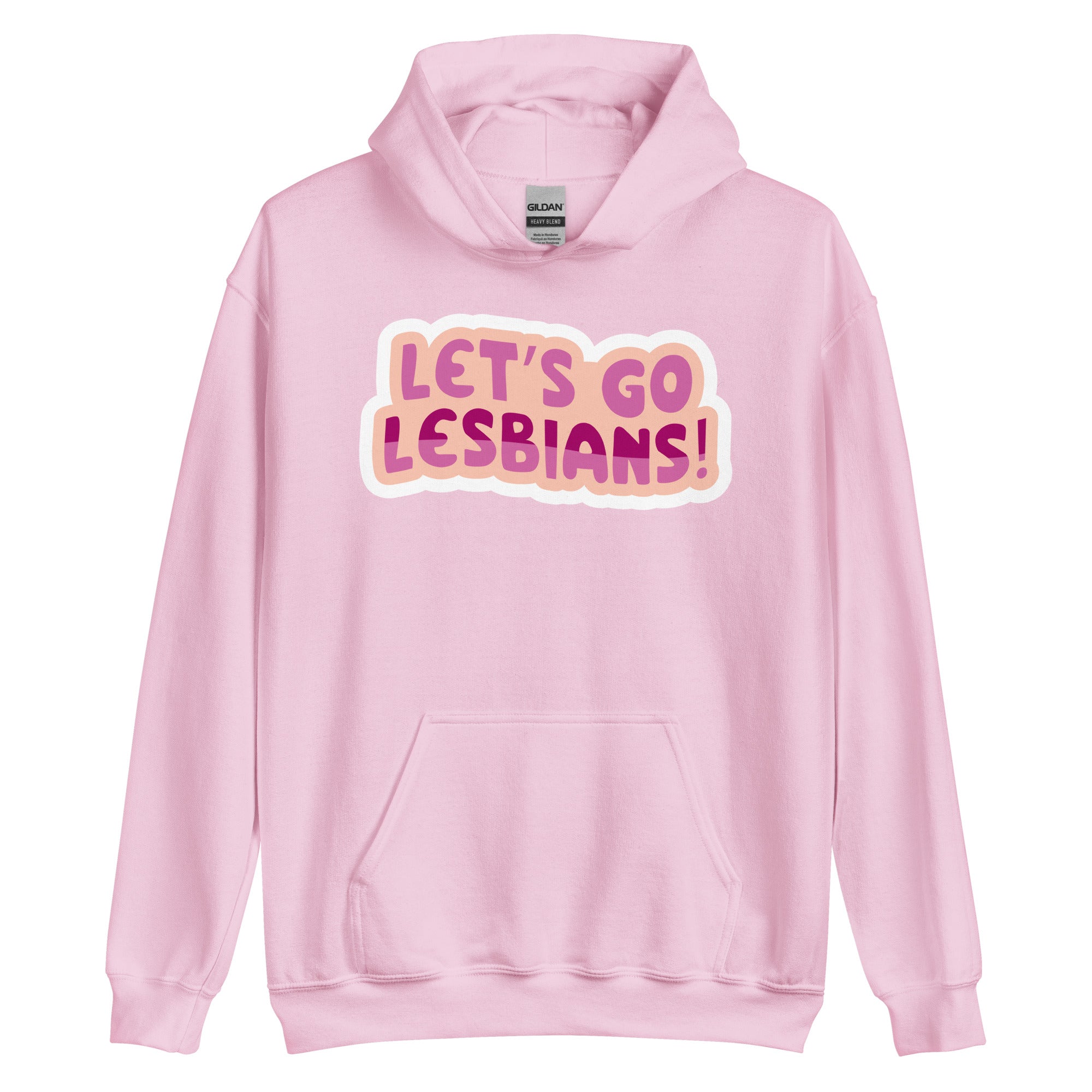 Let's Go Lesbians pride hoodie, light pink, front view — Rose Gold Co