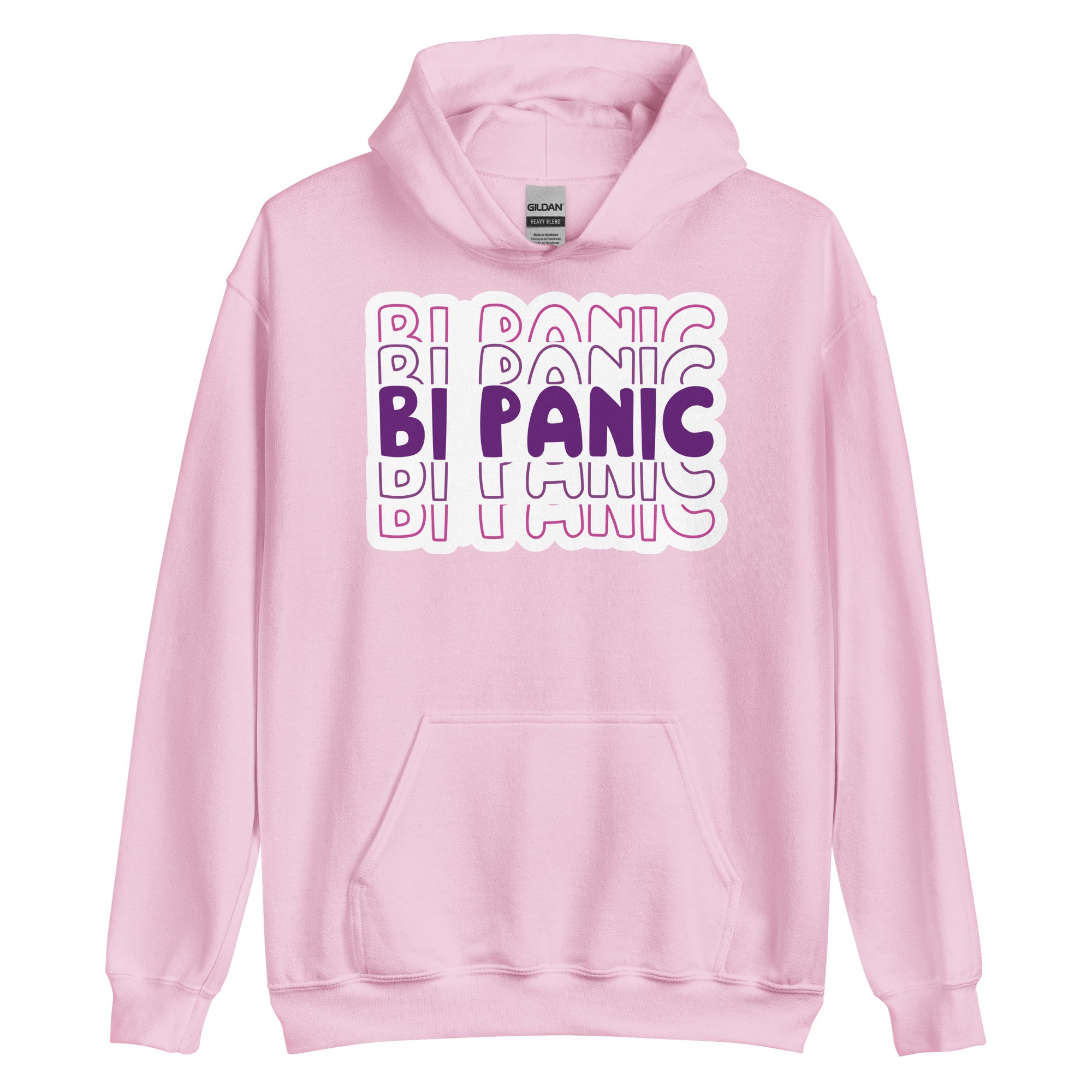 Bi Panic pride hoodie, light pink, front view — Rose Gold Co