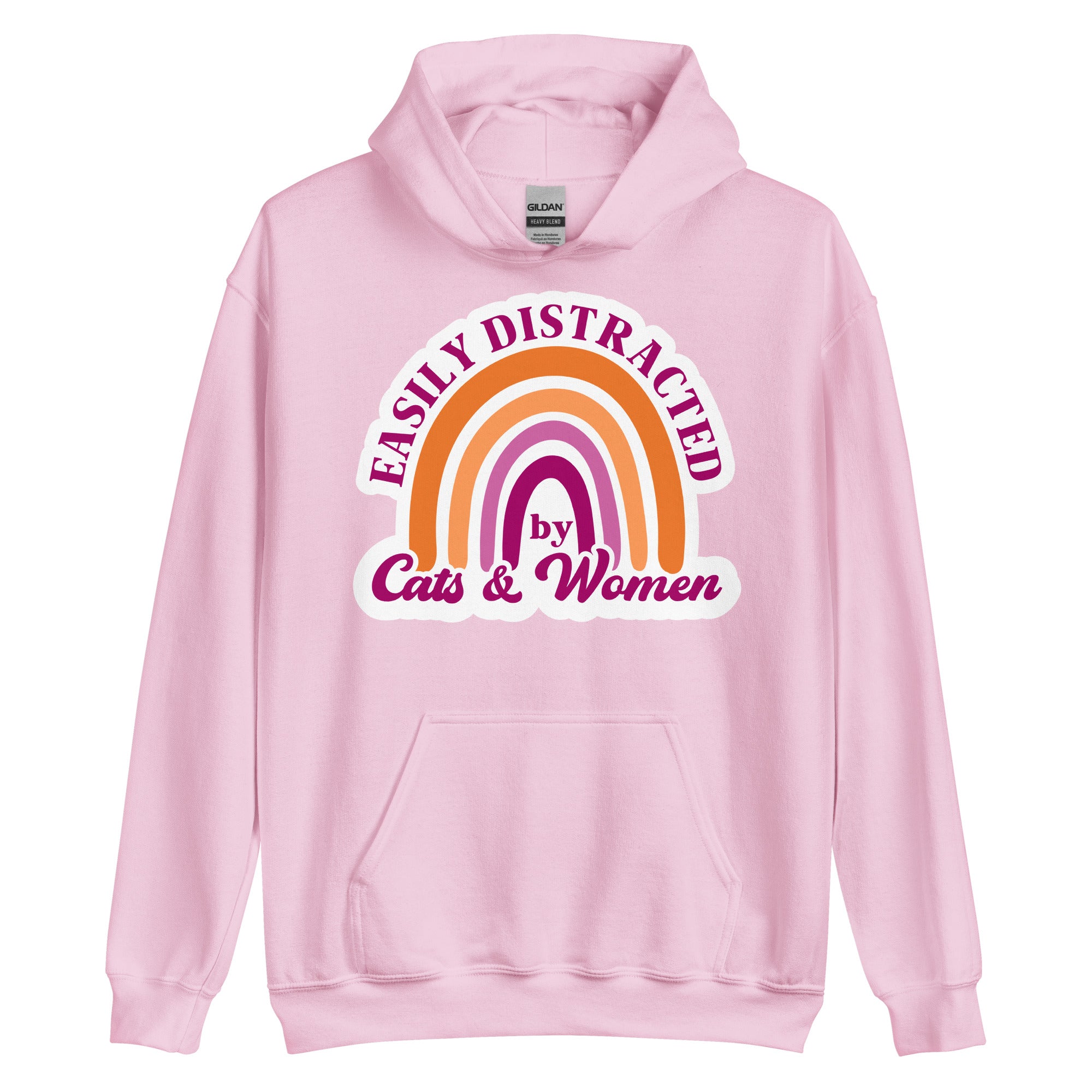 Easily Distracted by Cats & Women pride hoodie, light pink, front view — Rose Gold Co
