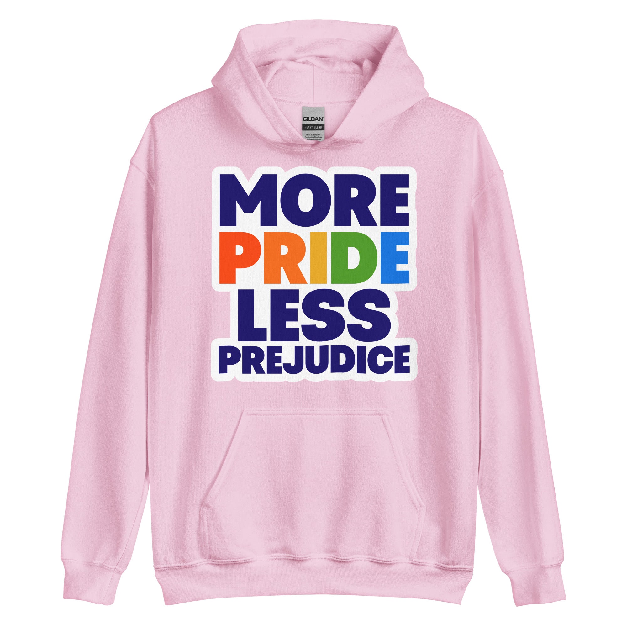 More Pride Less Prejudice pride hoodie, light pink, front view — Rose Gold Co