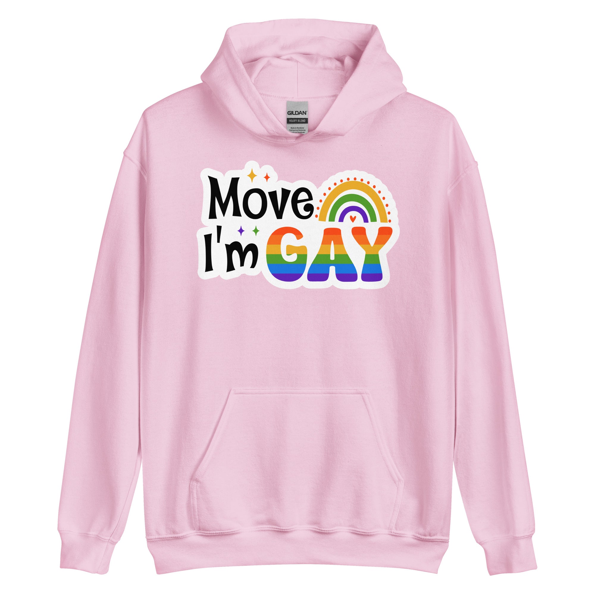 Move I'm Gay pride hoodie, light pink, front view — Rose Gold Co
