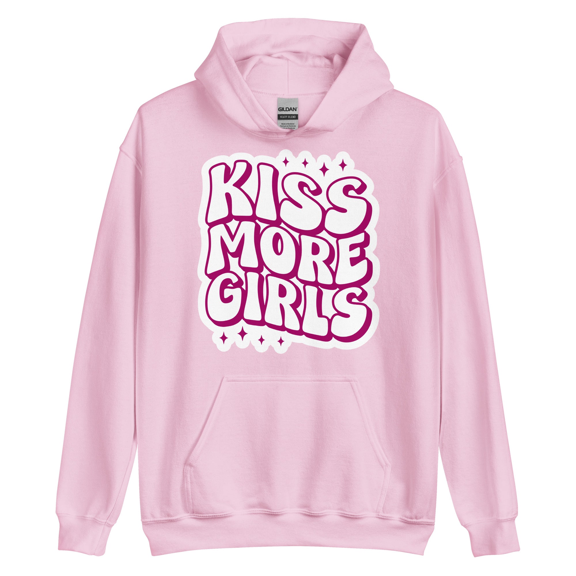 Kiss More Girls pride hoodie, light pink, front view — Rose Gold Co