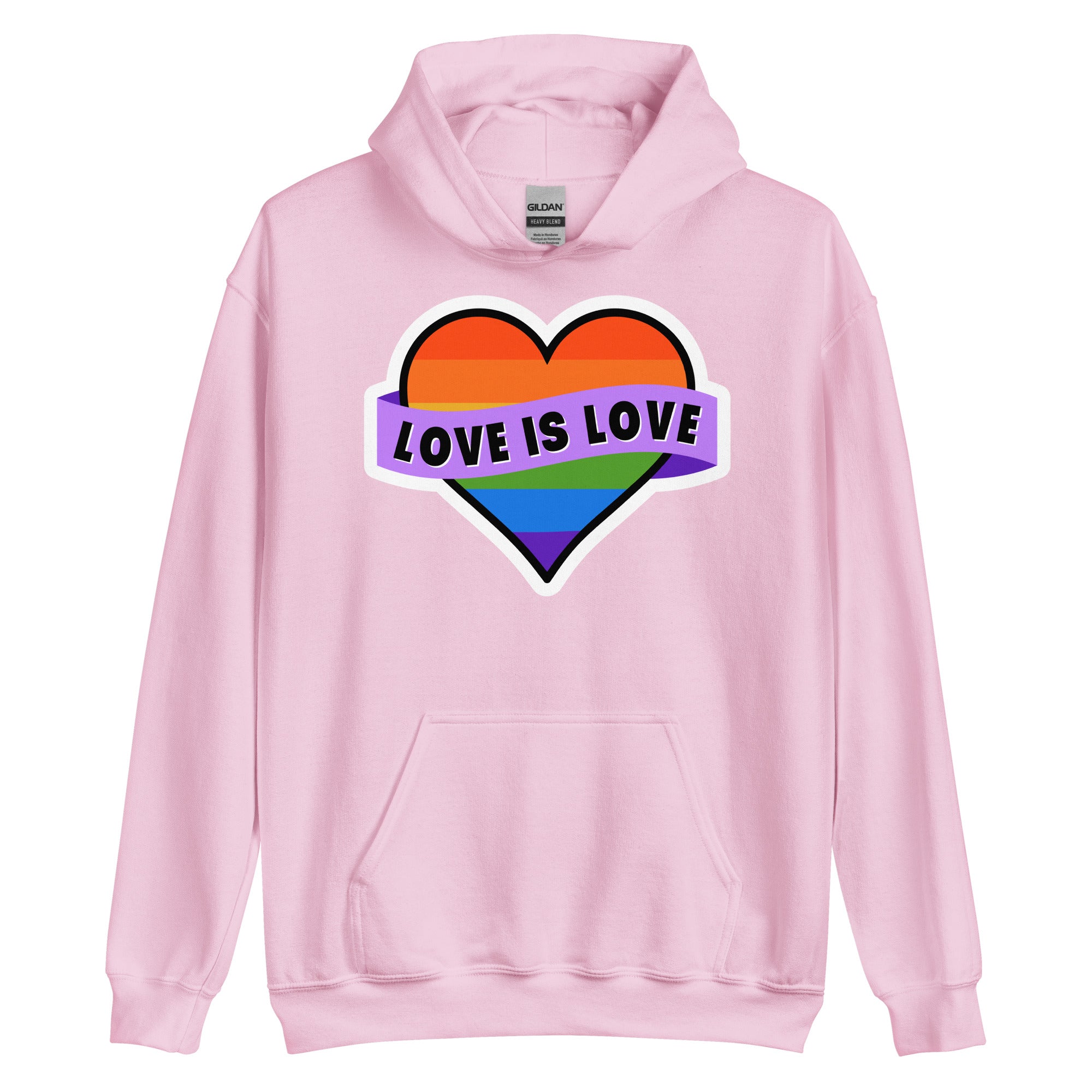 Love Is Love pride hoodie, light pink, front view — Rose Gold Co
