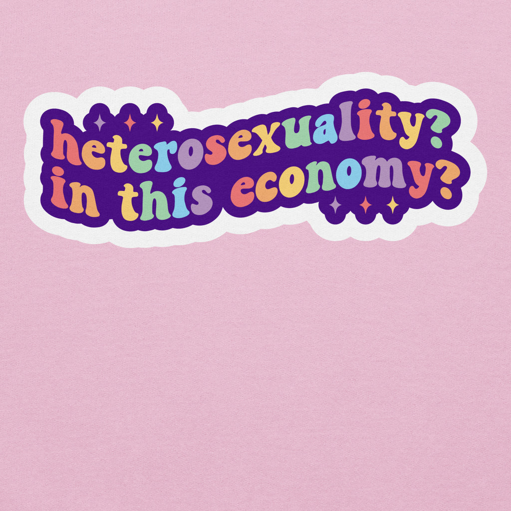 Heterosexuality? In This Economy? pride hoodie, light pink, front view — Rose Gold Co