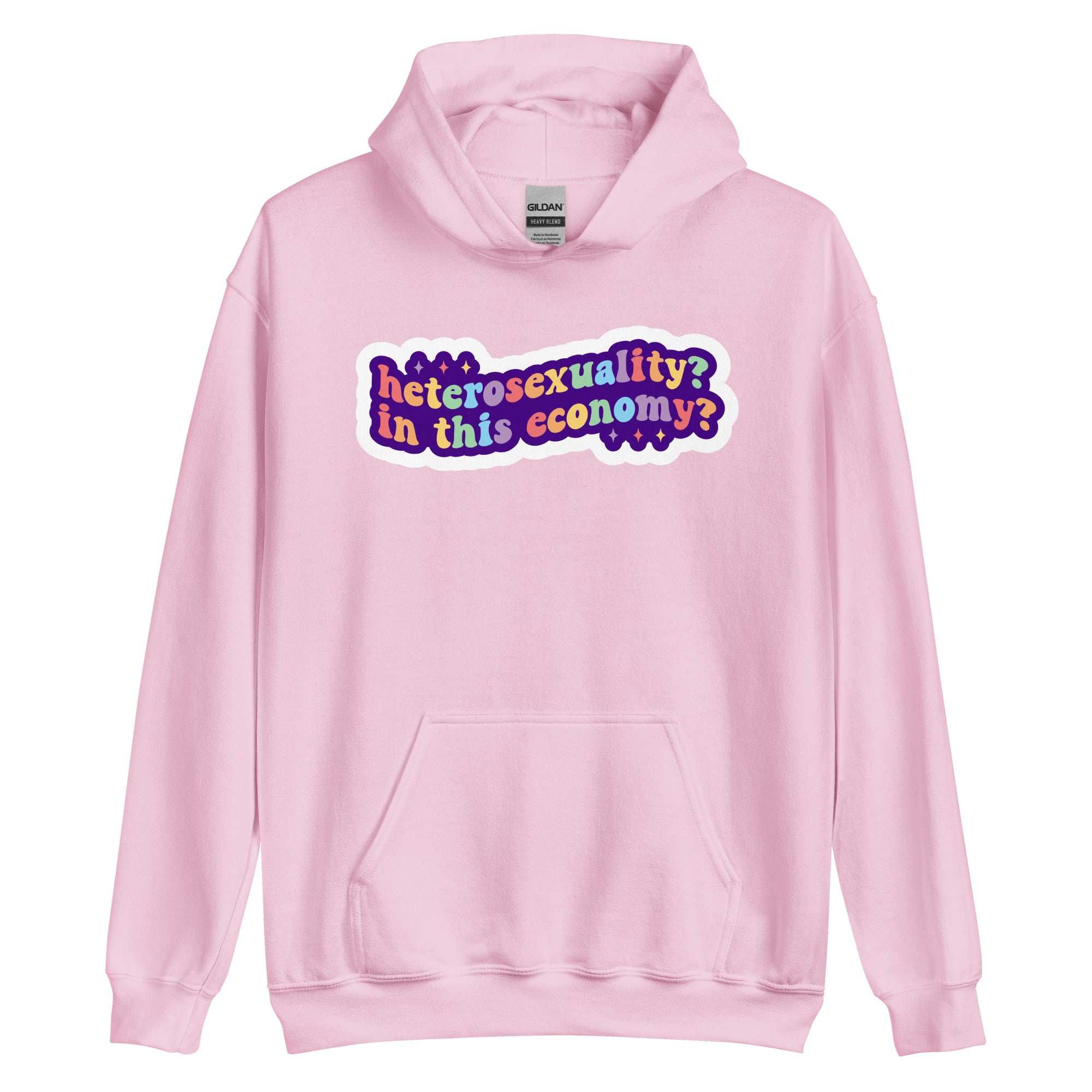 Heterosexuality? In This Economy? pride hoodie, light pink, front view 2 — Rose Gold Co