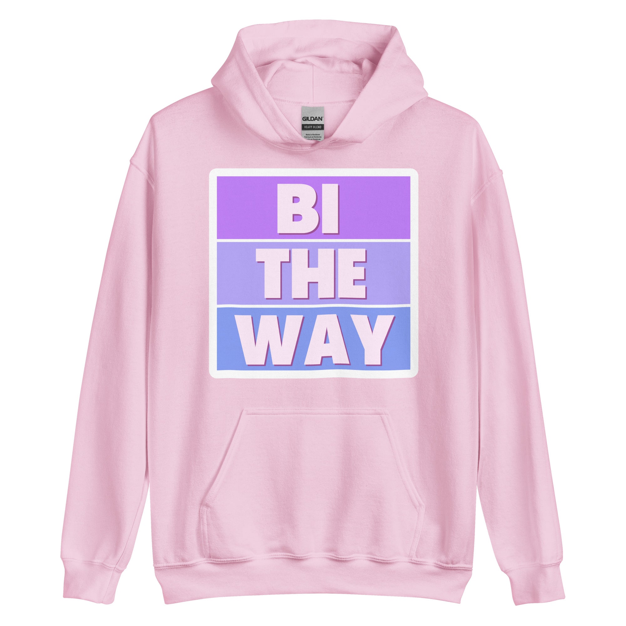 Bi the Way pride hoodie, light pink, front view — Rose Gold Co
