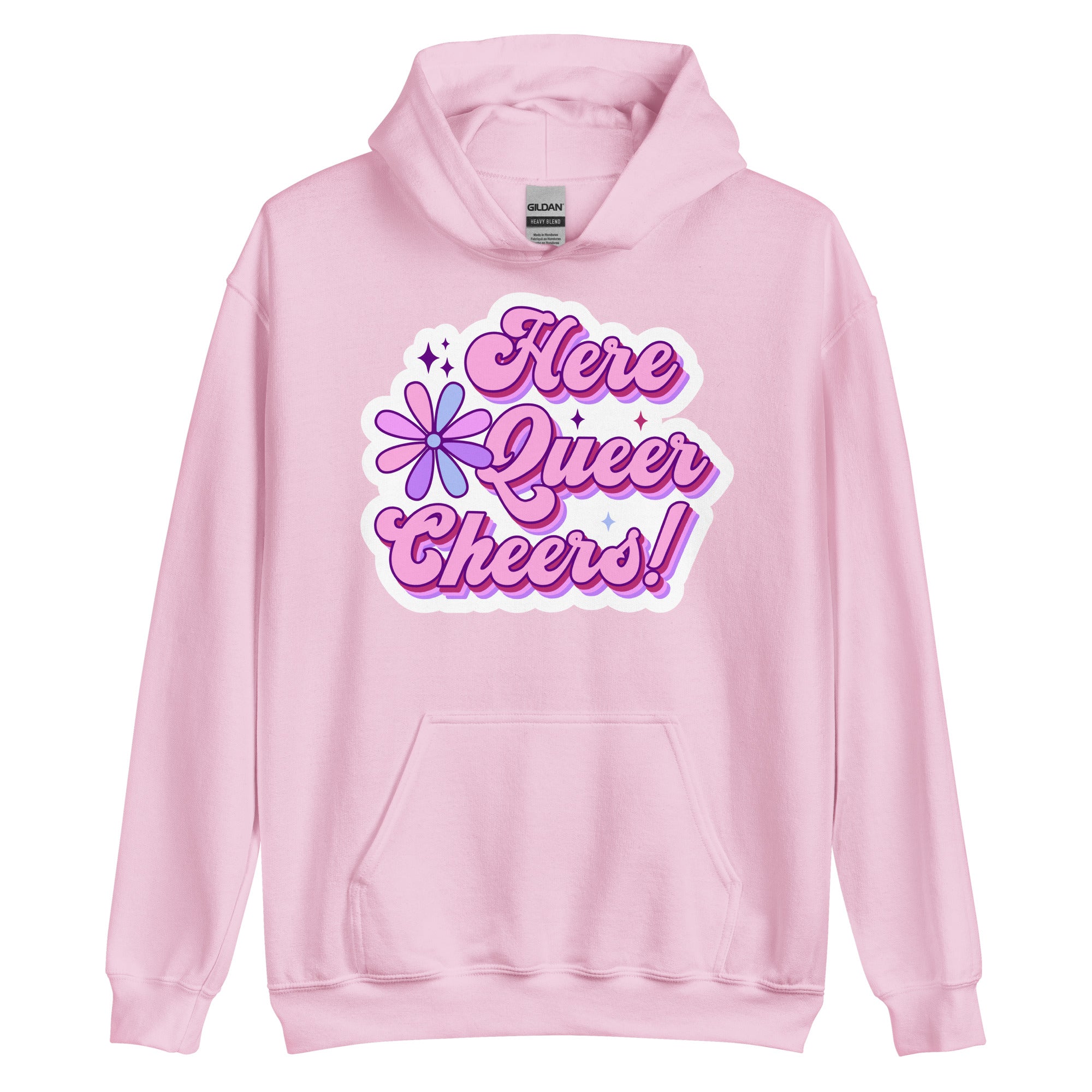Here Queer Cheers pride hoodie, light pink, front view — Rose Gold Co