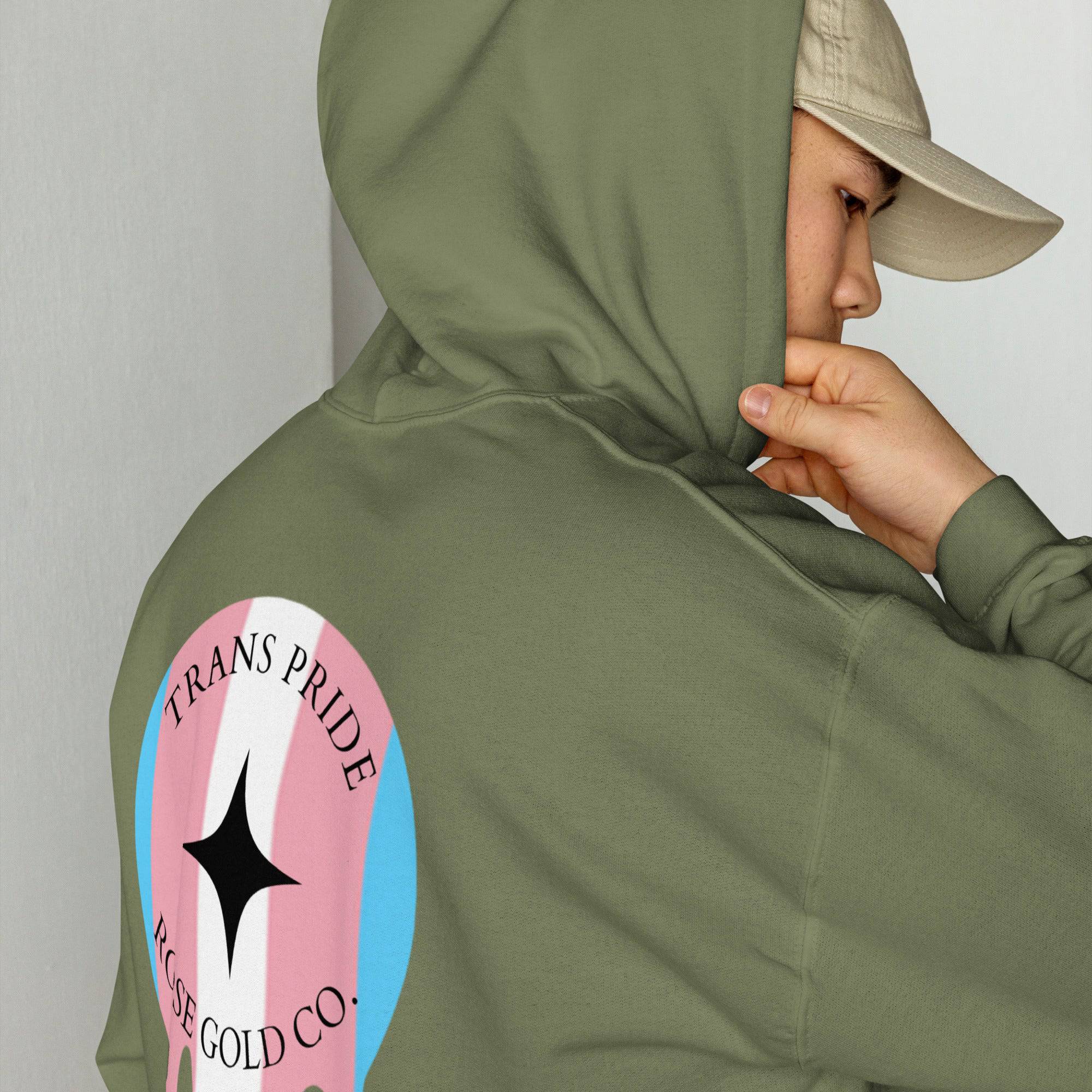 Melting Trans Pride embroidered hoodie, view 3 — Rose Gold Co