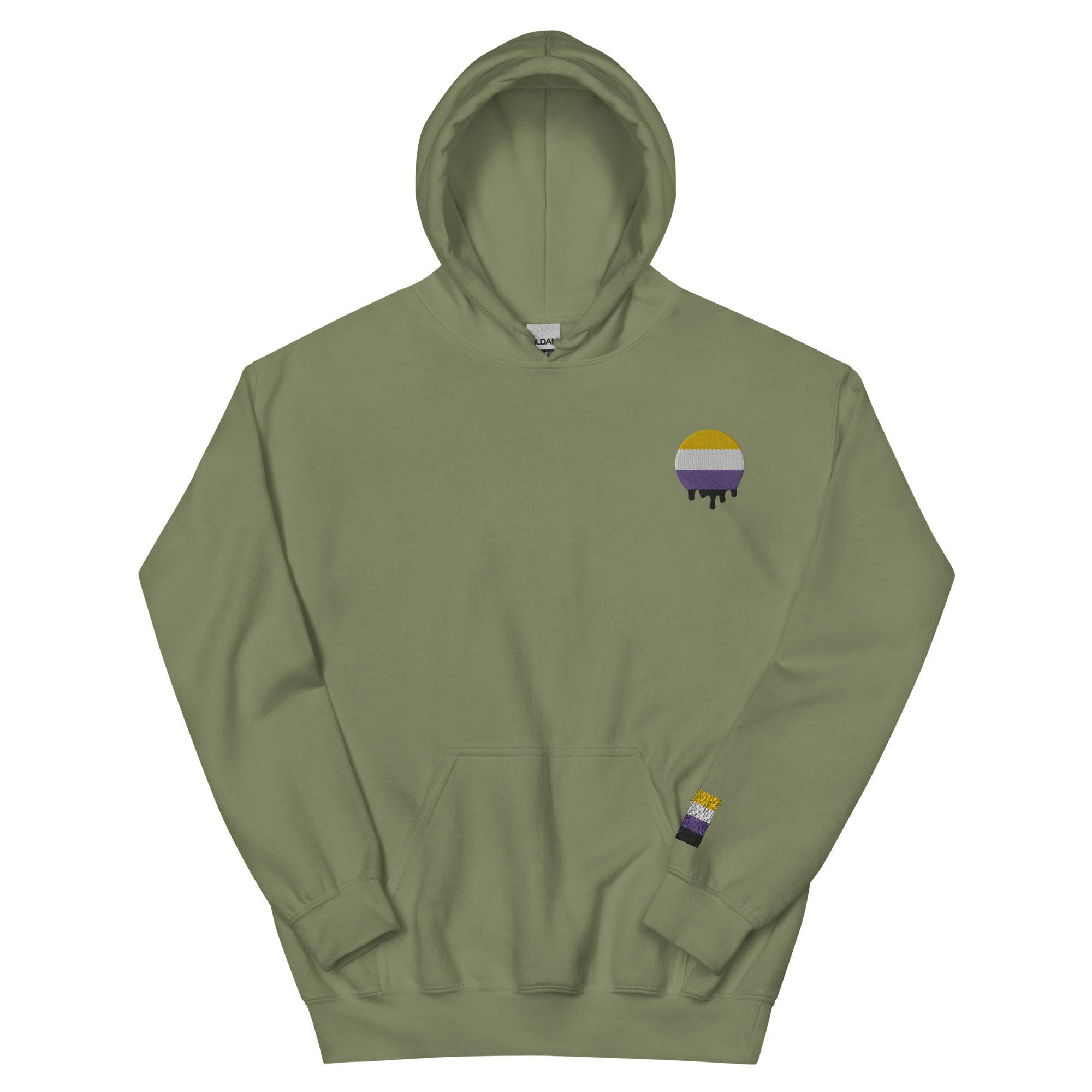 Melting Nonbinary Pride embroidered hoodie, front view — Rose Gold Co