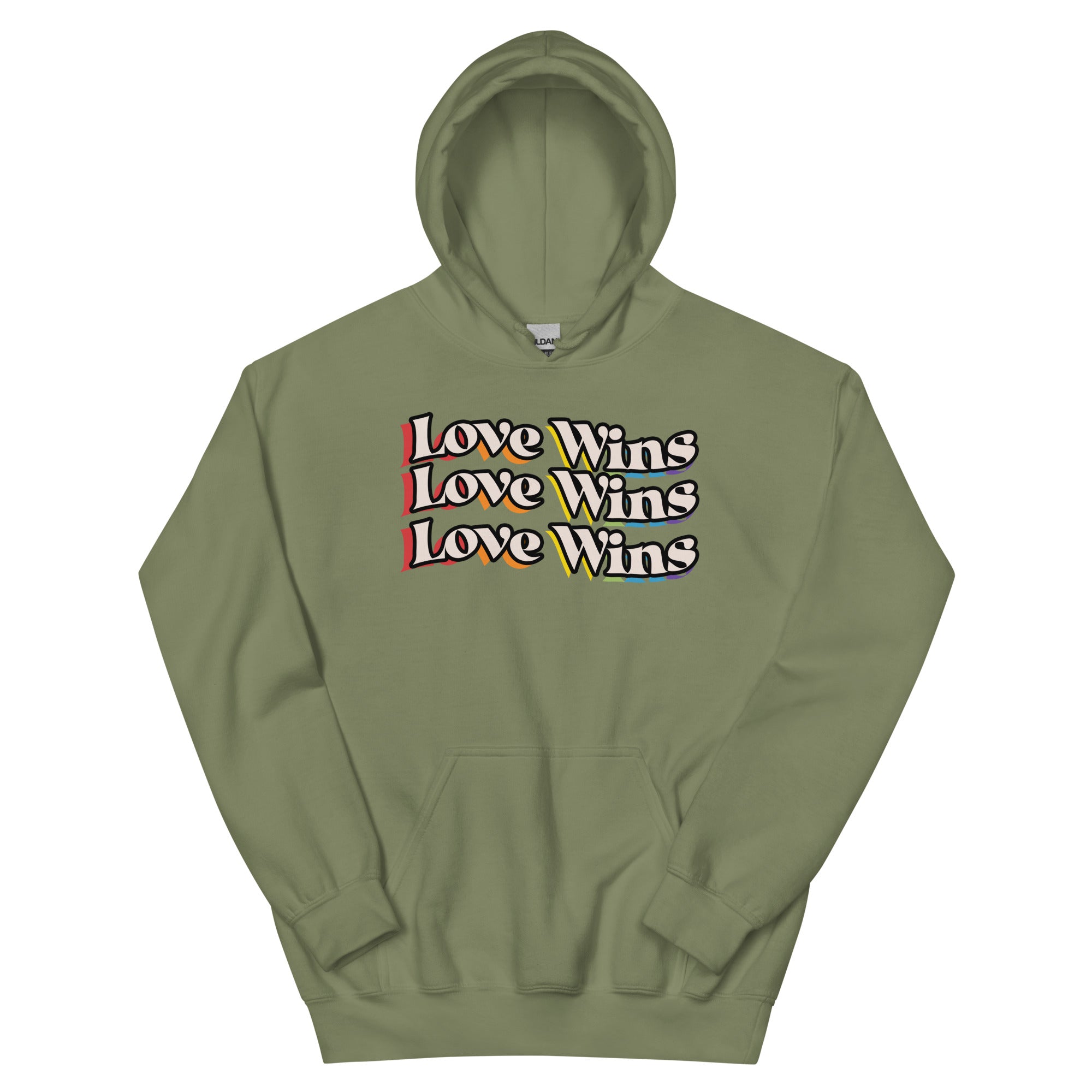 Love Wins rainbow shadow hoodie, detail view — Rose Gold Co