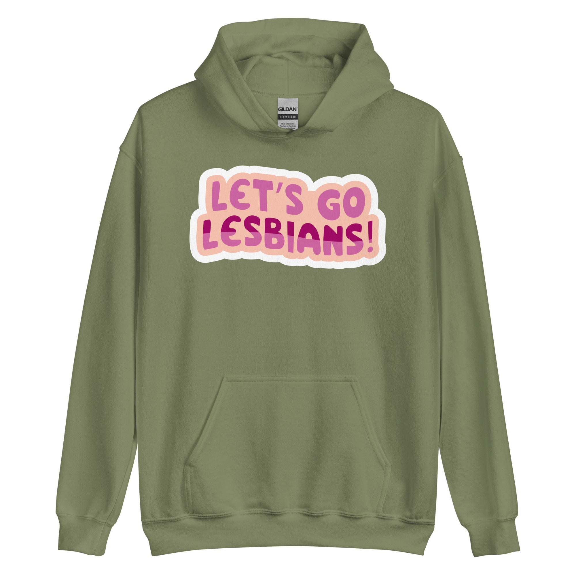 Let's Go Lesbians pride hoodie, military green, front view 2 — Rose Gold Co