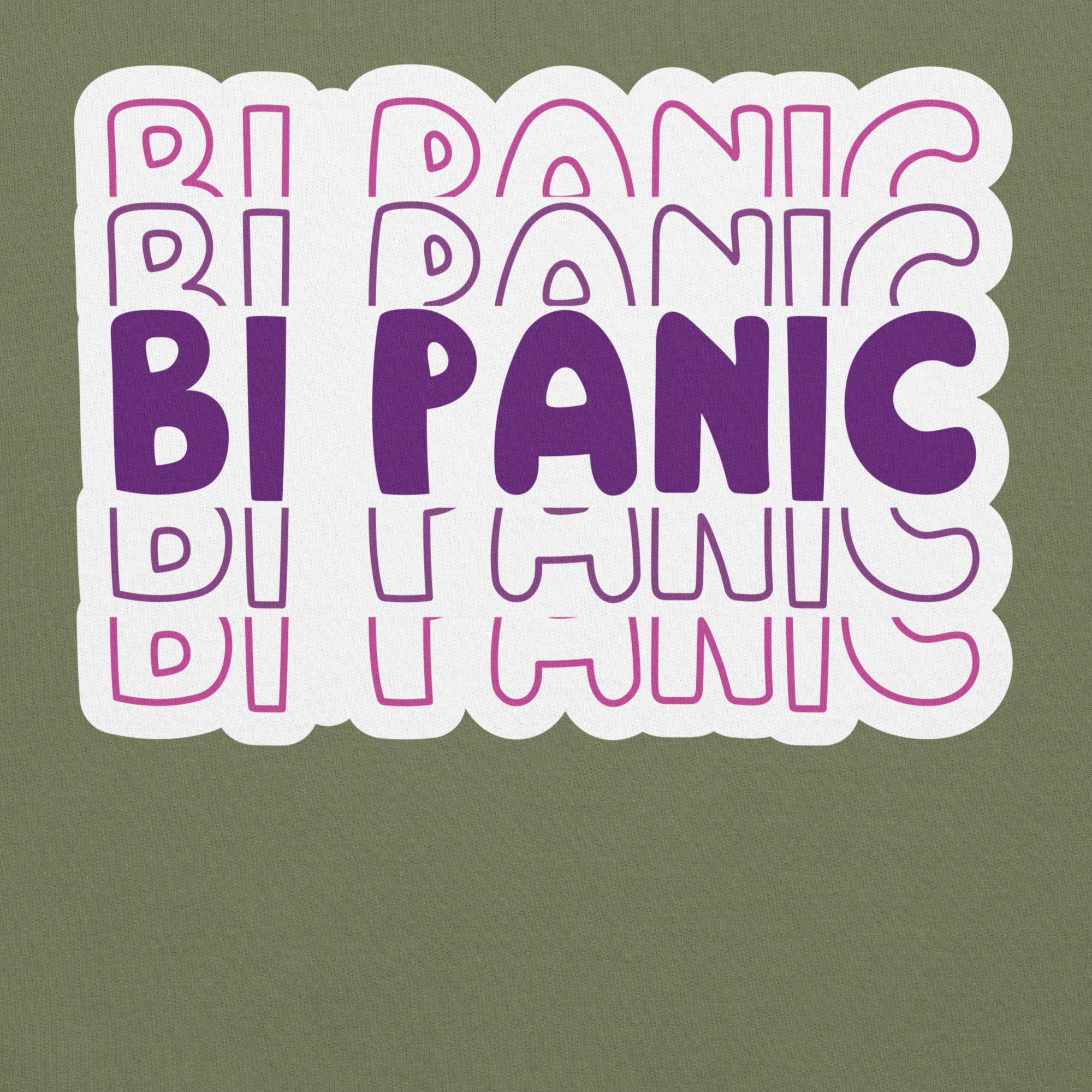 Bi Panic pride hoodie, military green, front view — Rose Gold Co