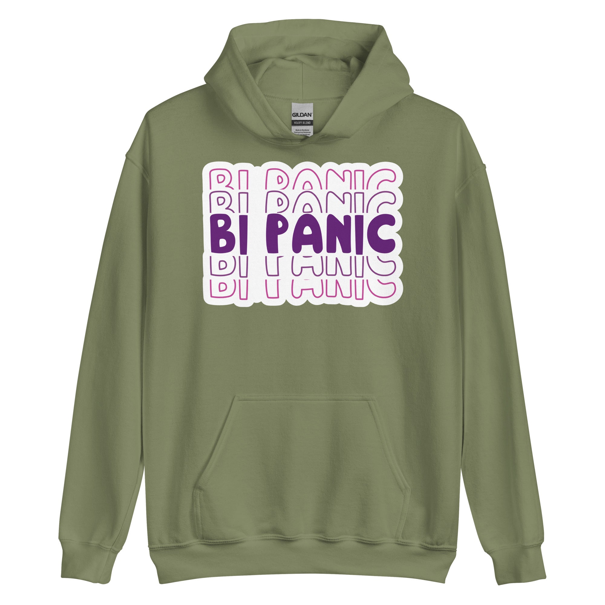 Bi Panic pride hoodie, military green, front view 2 — Rose Gold Co