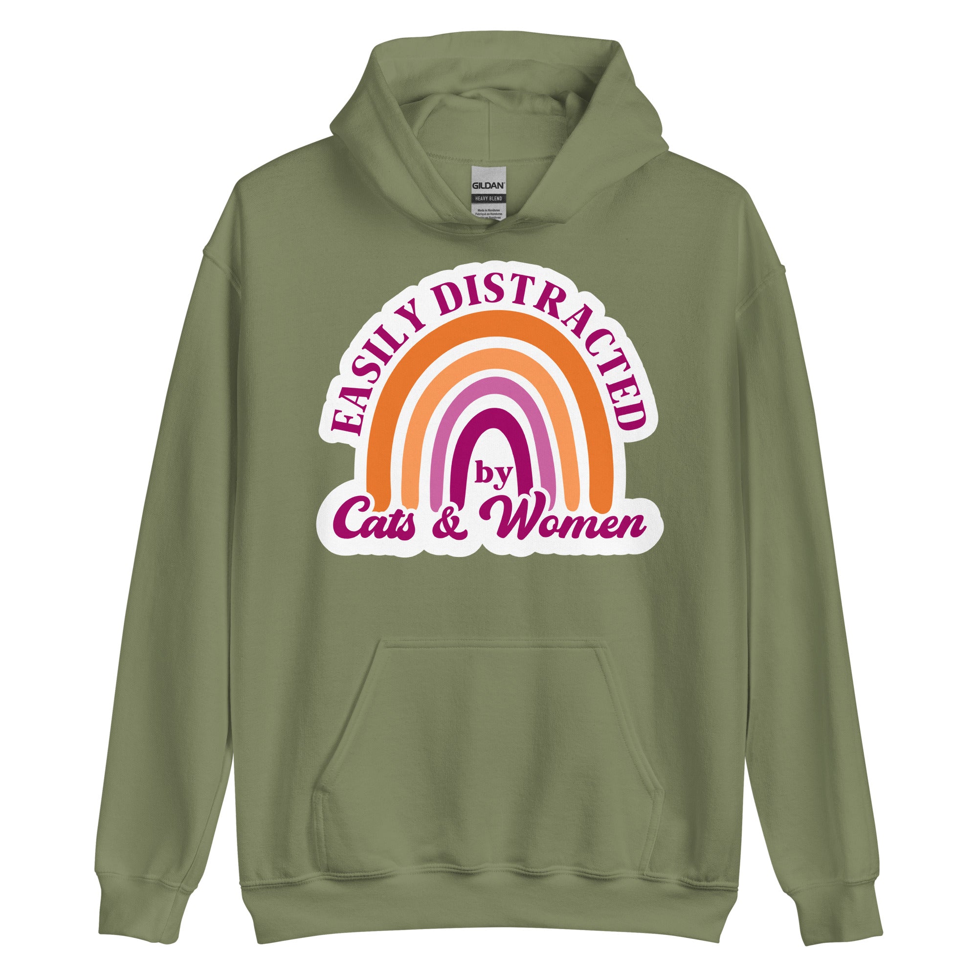 Easily Distracted by Cats & Women pride hoodie, military green, front view — Rose Gold Co