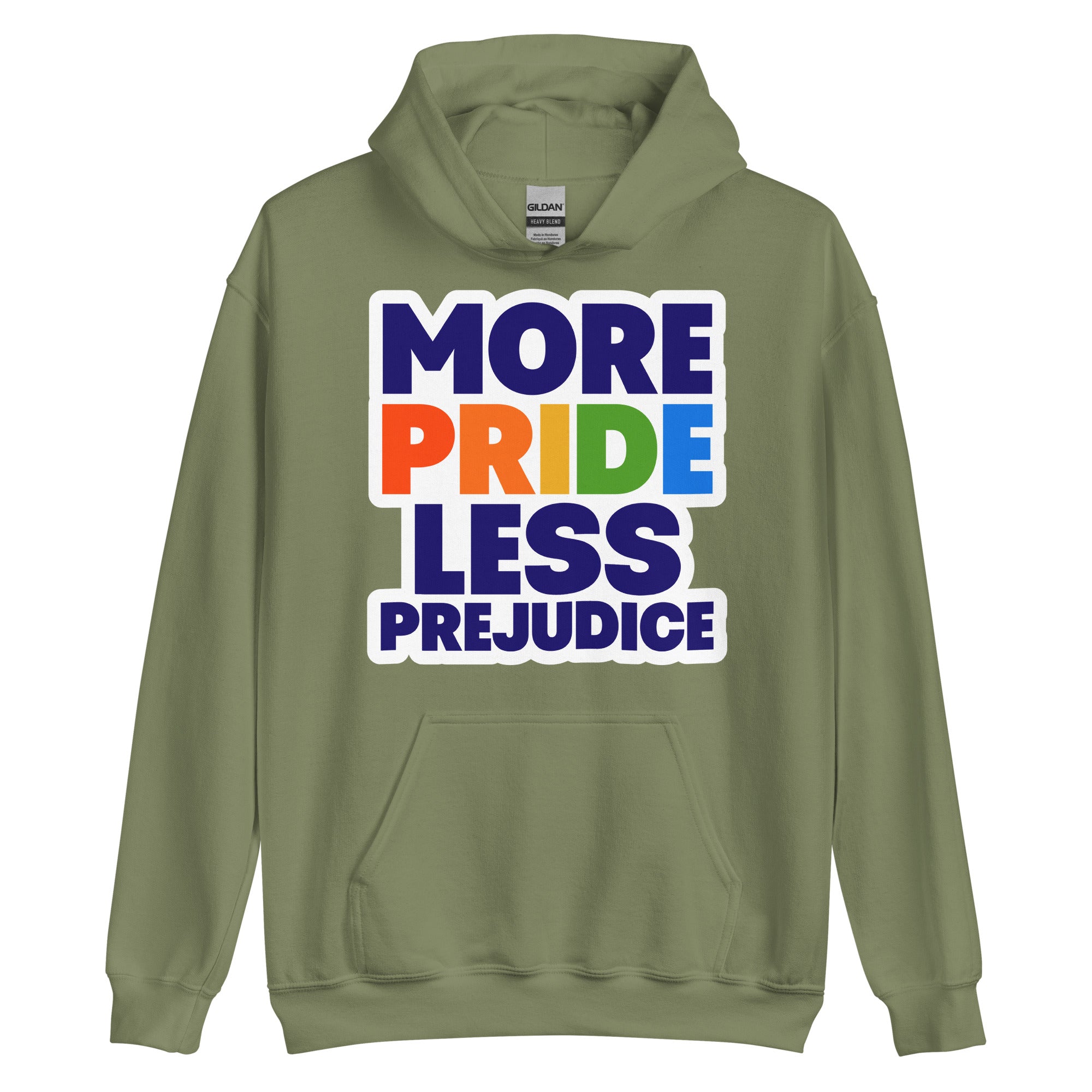 More Pride Less Prejudice pride hoodie, military green, front view 2 — Rose Gold Co