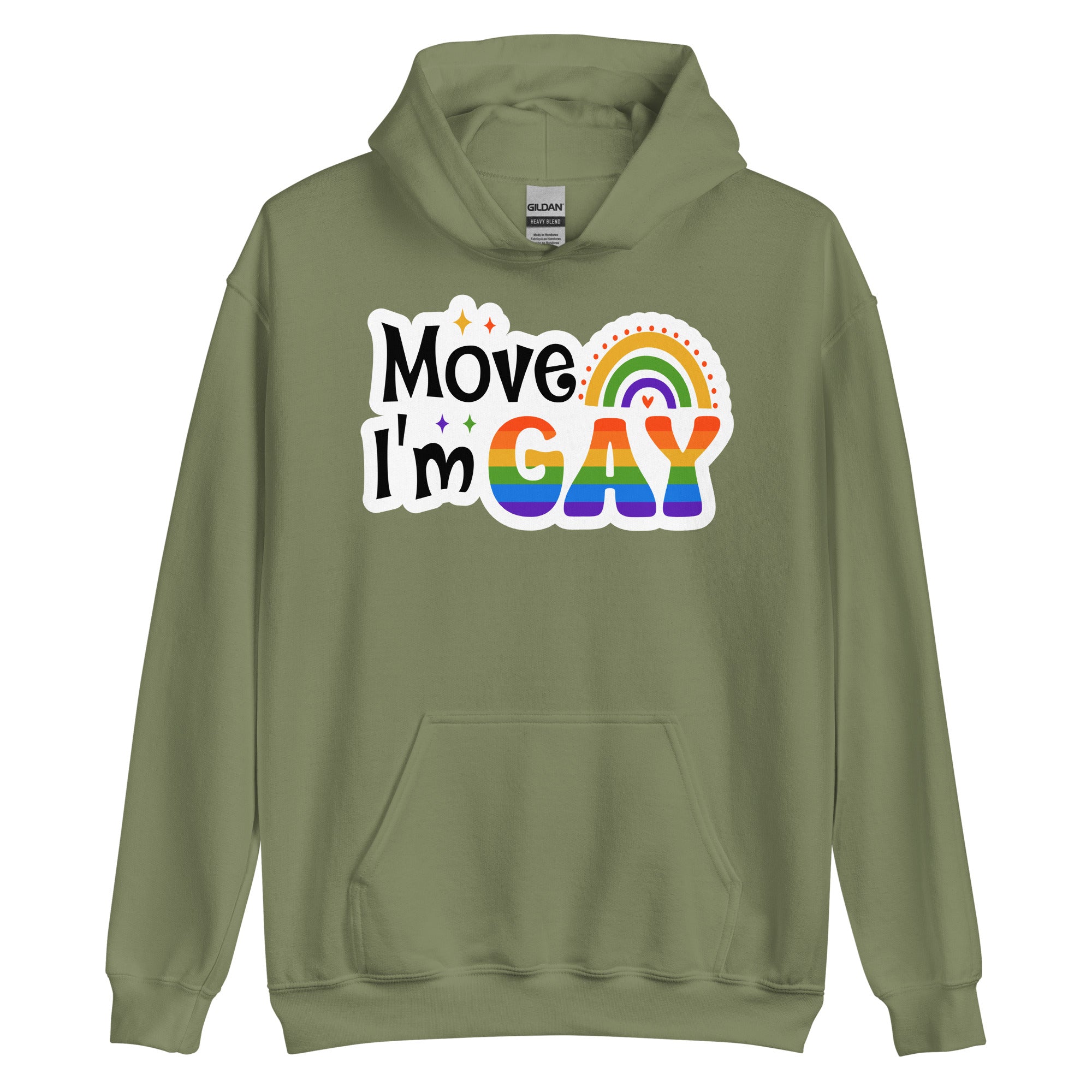 Move I'm Gay pride hoodie, military green, front view 2 — Rose Gold Co
