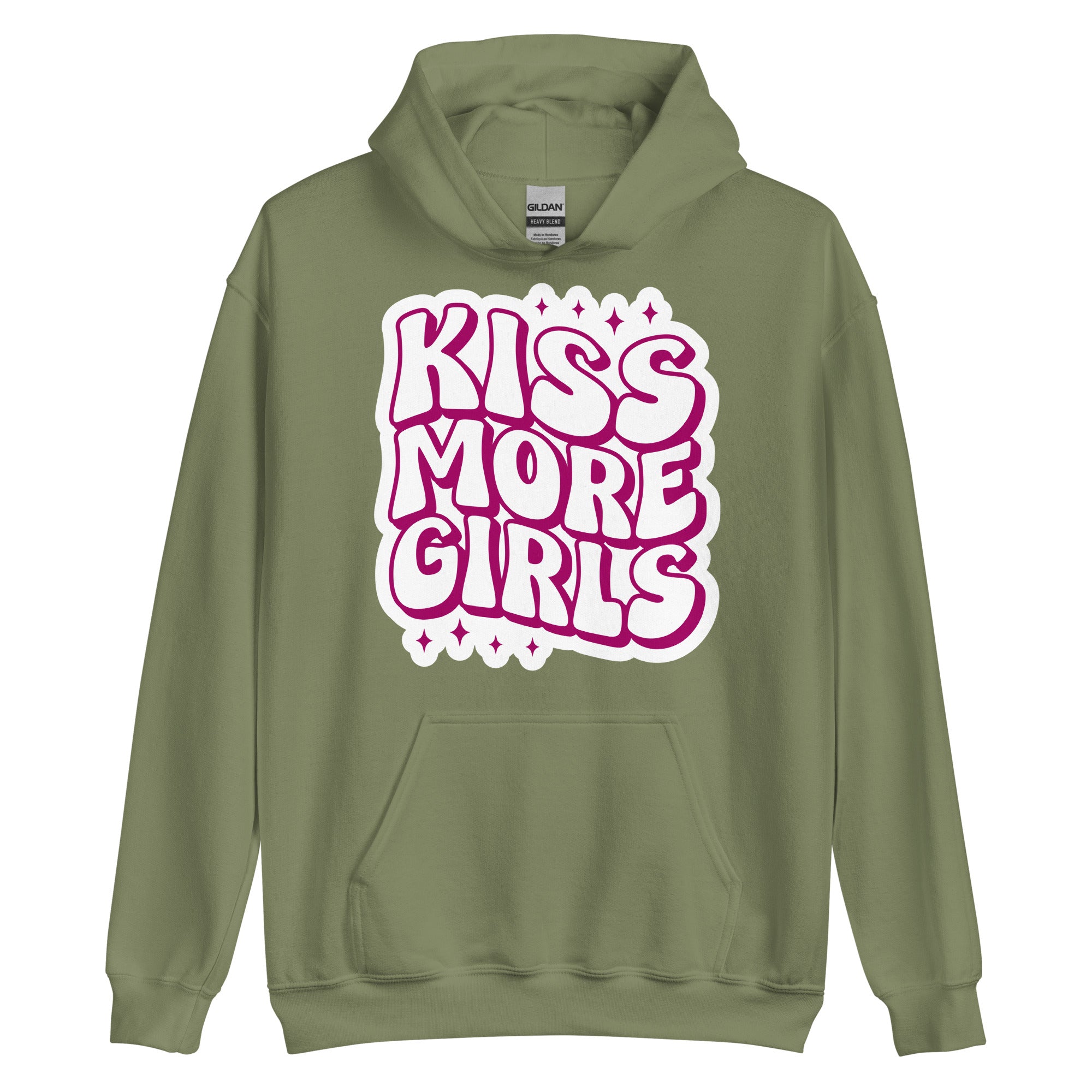 Kiss More Girls pride hoodie, military green, front view — Rose Gold Co