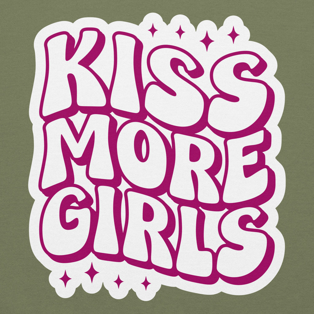 Kiss More Girls pride hoodie, military green, front view 2 — Rose Gold Co
