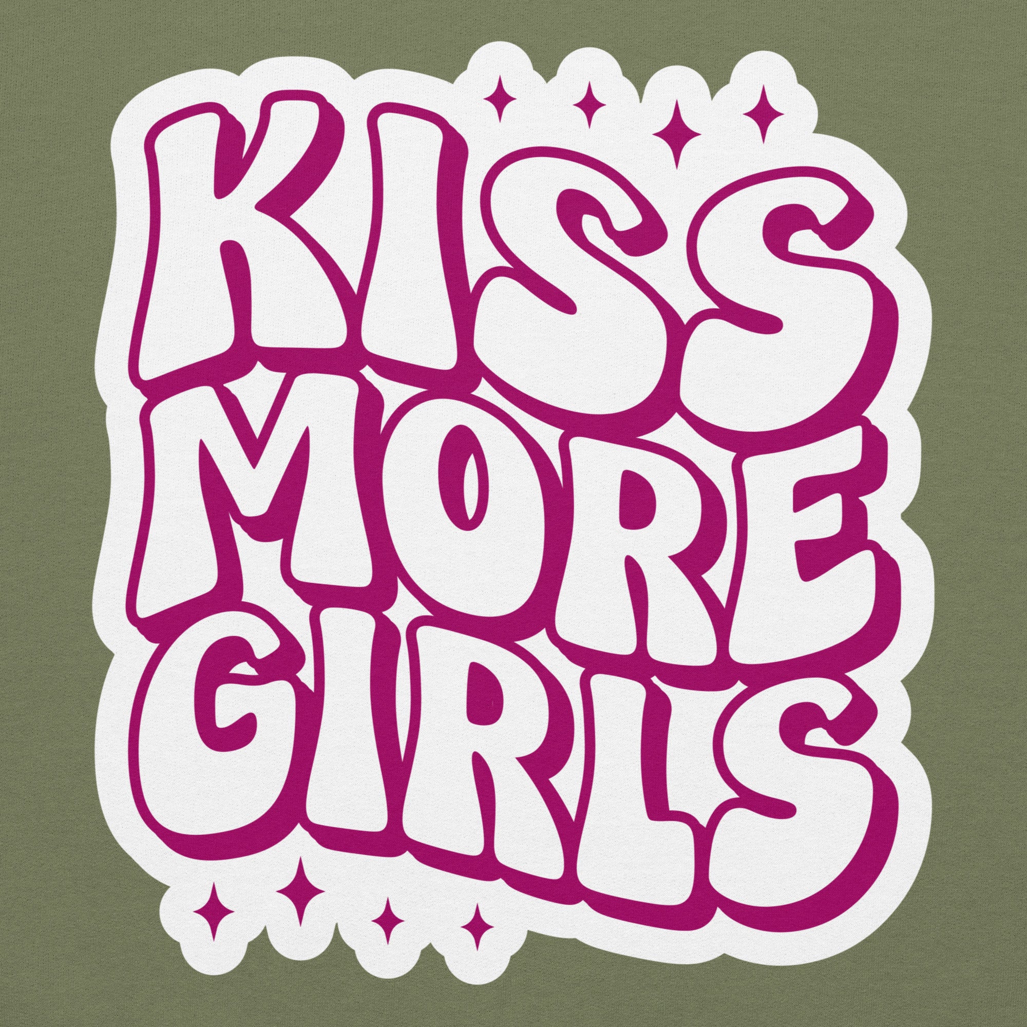 Kiss More Girls pride hoodie, military green, front view 2 — Rose Gold Co