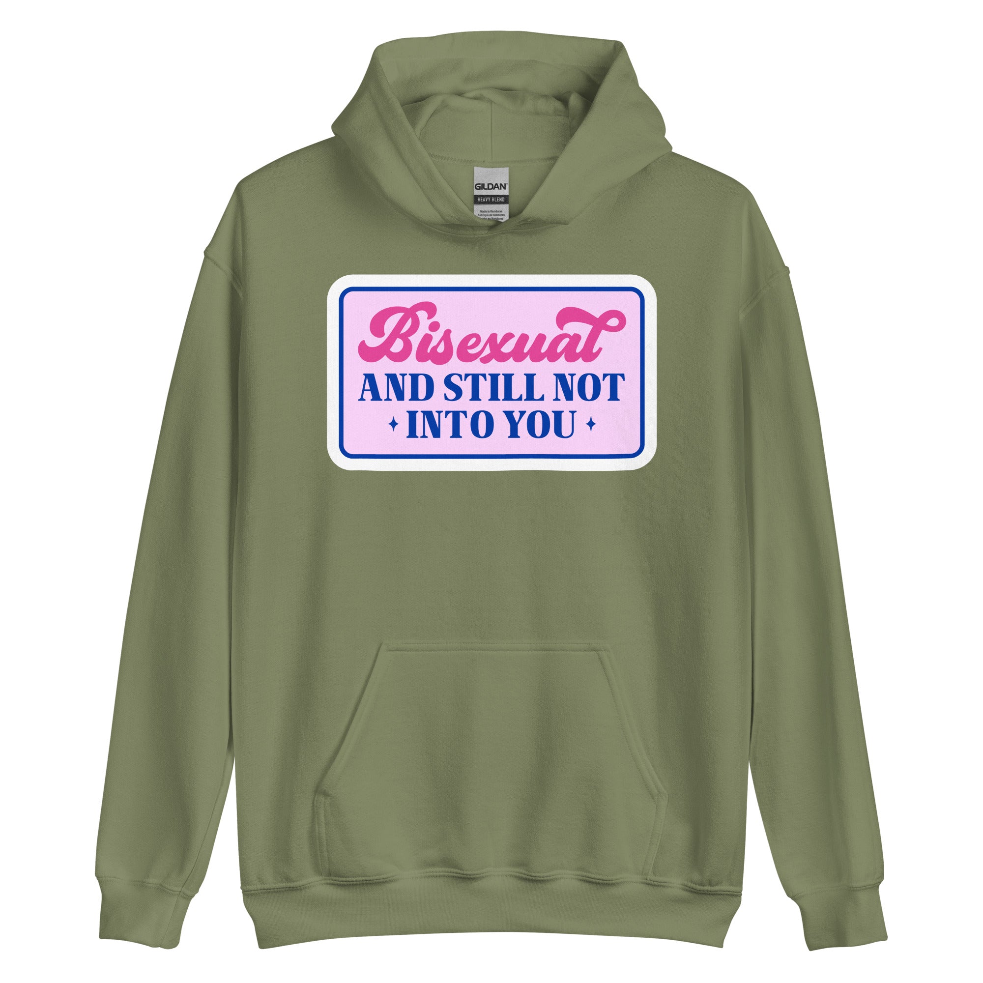 Bisexual and Still Not Into You pride hoodie, military green, front view — Rose Gold Co