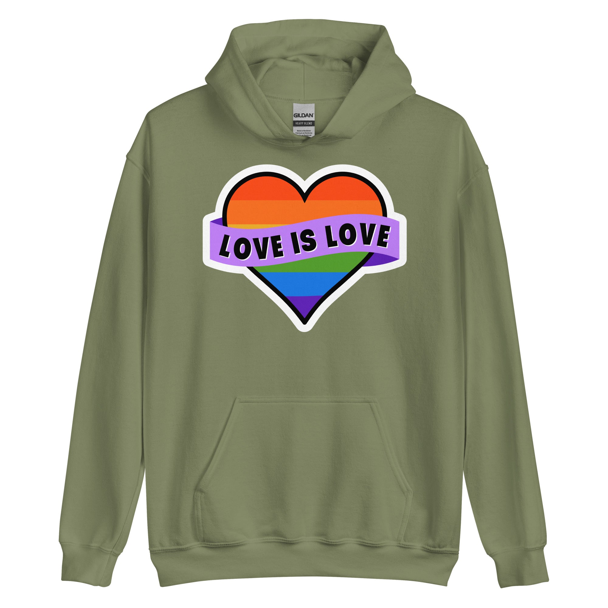 Love Is Love pride hoodie, military green, front view — Rose Gold Co