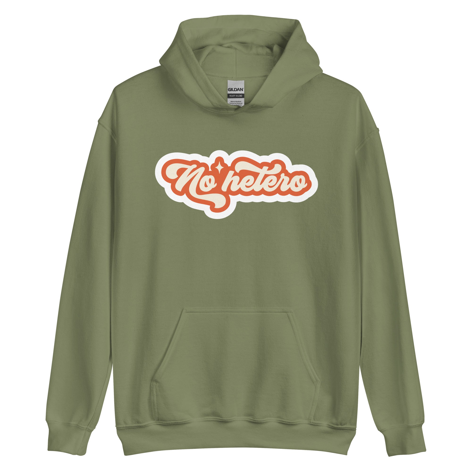No Hetero pride hoodie, military green, front view 2 — Rose Gold Co