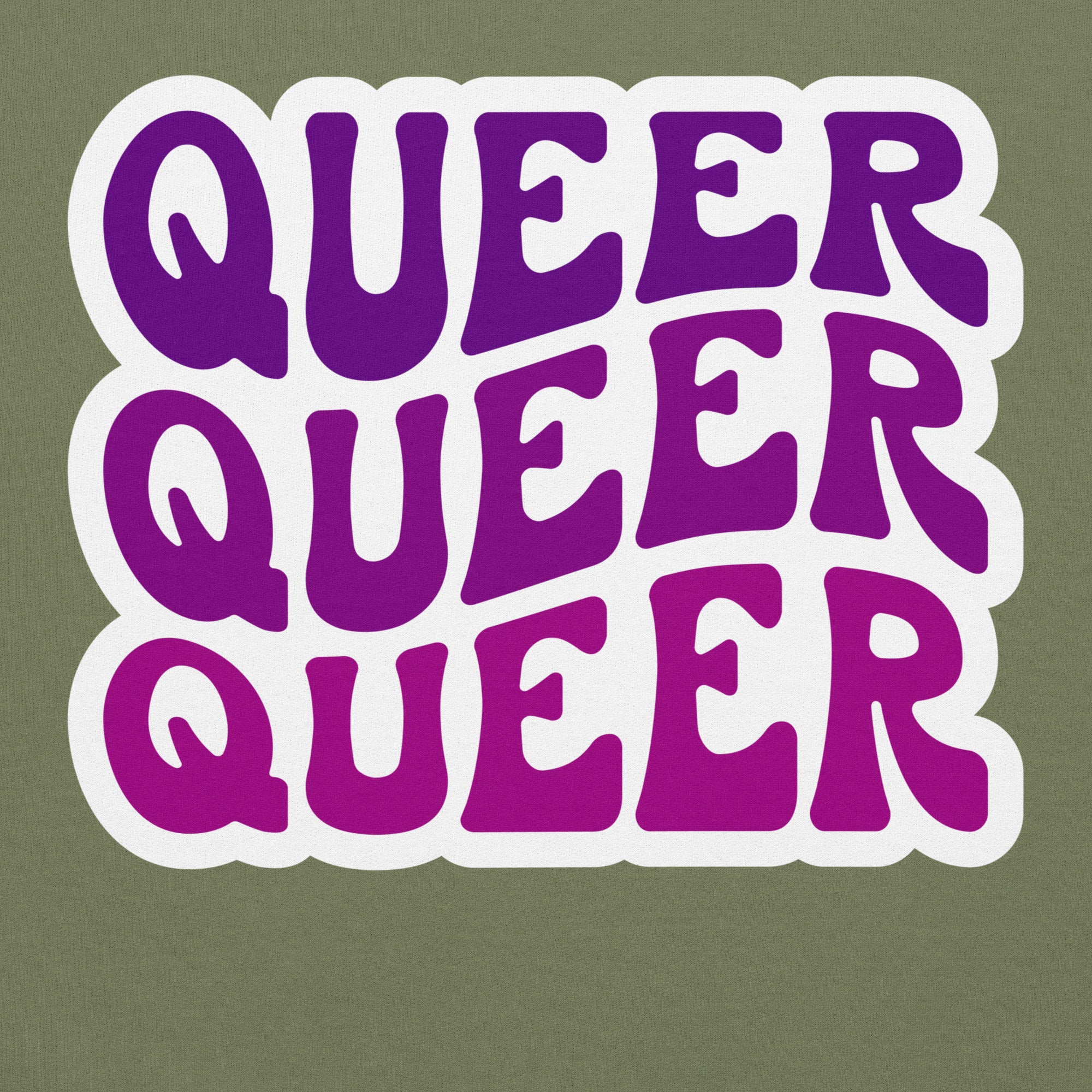Queer pride hoodie, military green, front view — Rose Gold Co