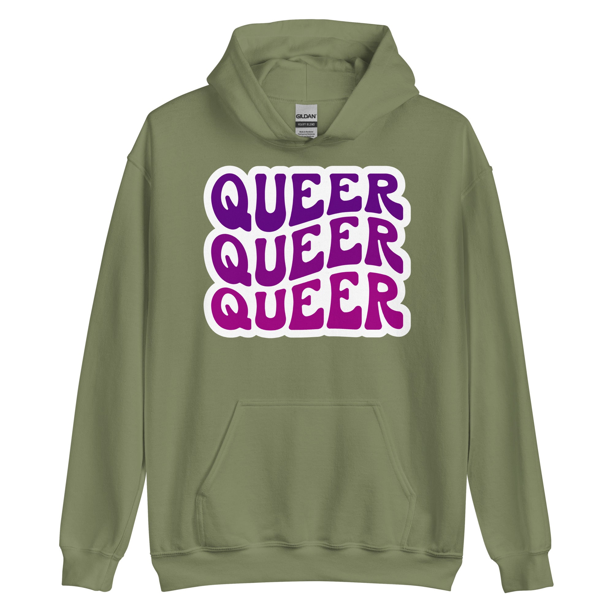 Queer pride hoodie, military green, front view 2 — Rose Gold Co