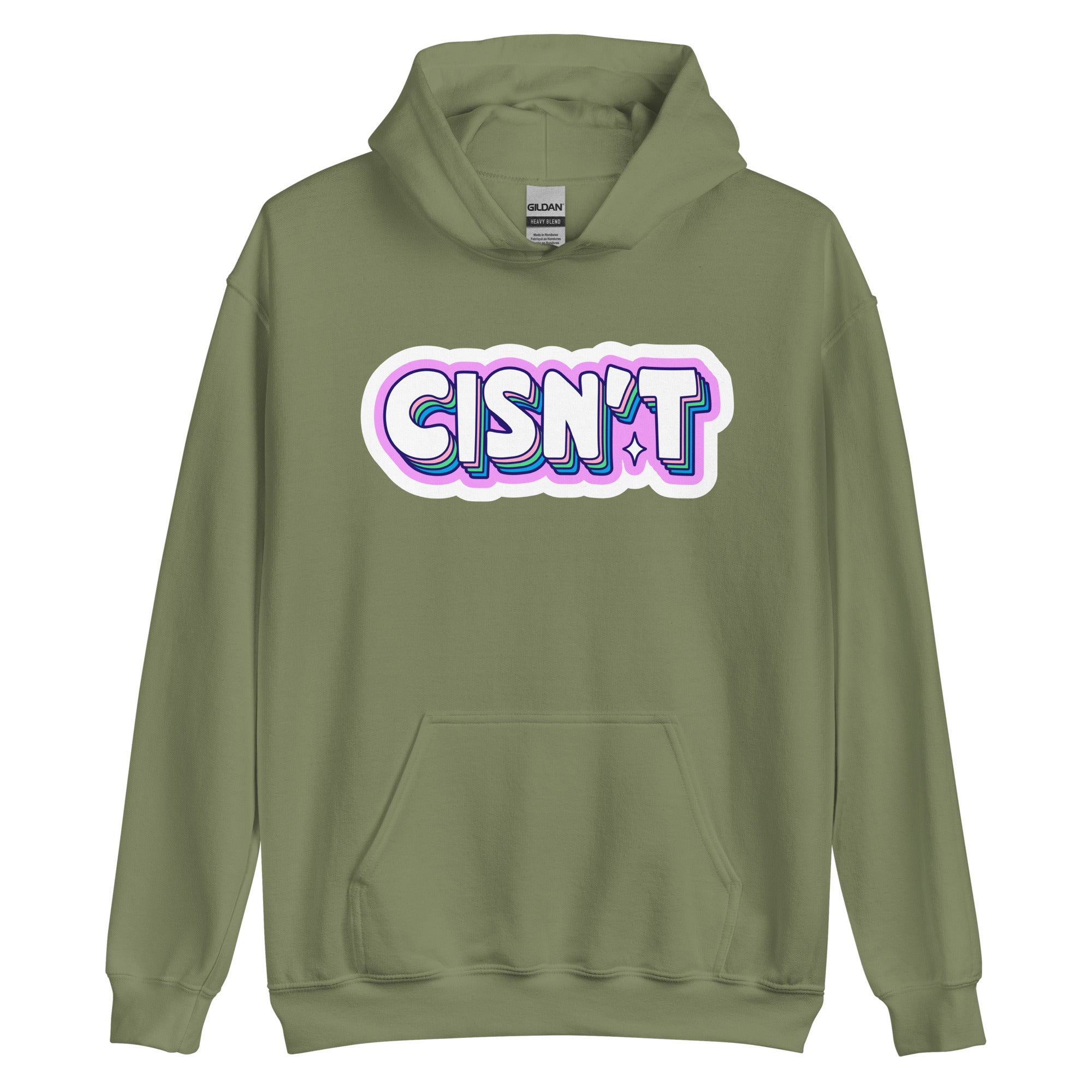 Cisn't pride hoodie, military green, front view 2 — Rose Gold Co