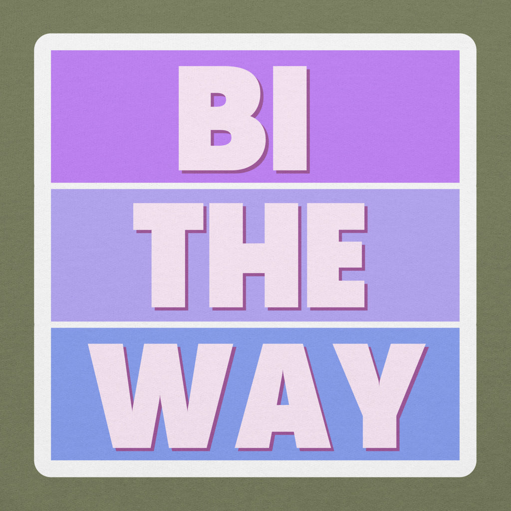 Bi the Way pride hoodie, military green, front view — Rose Gold Co