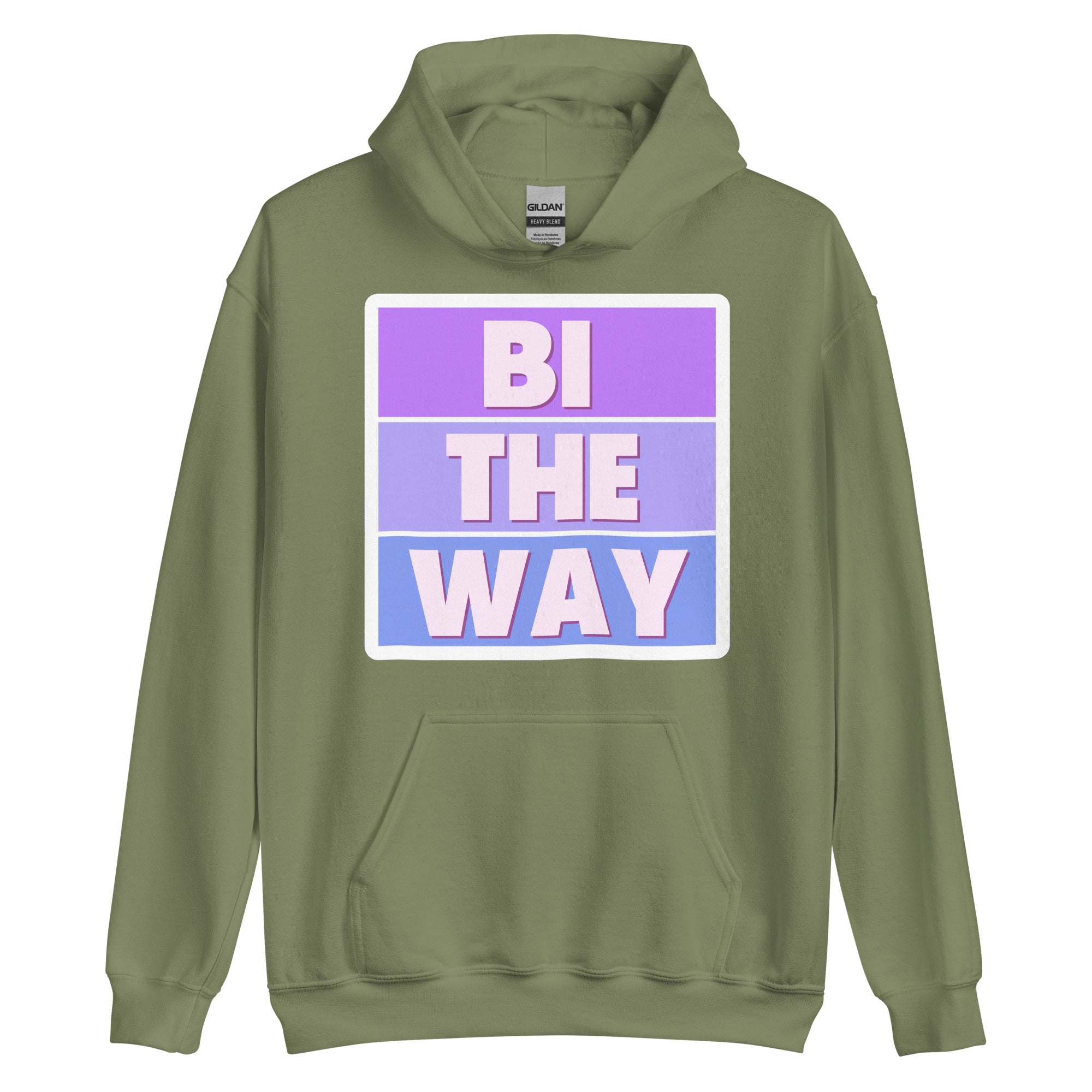 Bi the Way pride hoodie, military green, front view 2 — Rose Gold Co