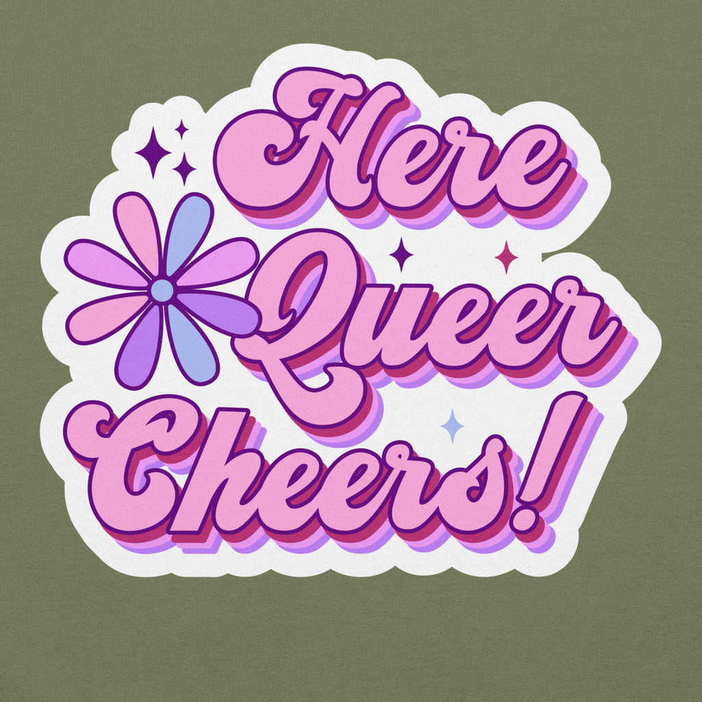 Here Queer Cheers pride hoodie, military green, front view — Rose Gold Co